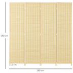 Indoor 4-Panel Folding Indoor Screen Height 180cm, Wood and Bamboo Boho Style, Natural Colour - Borgè