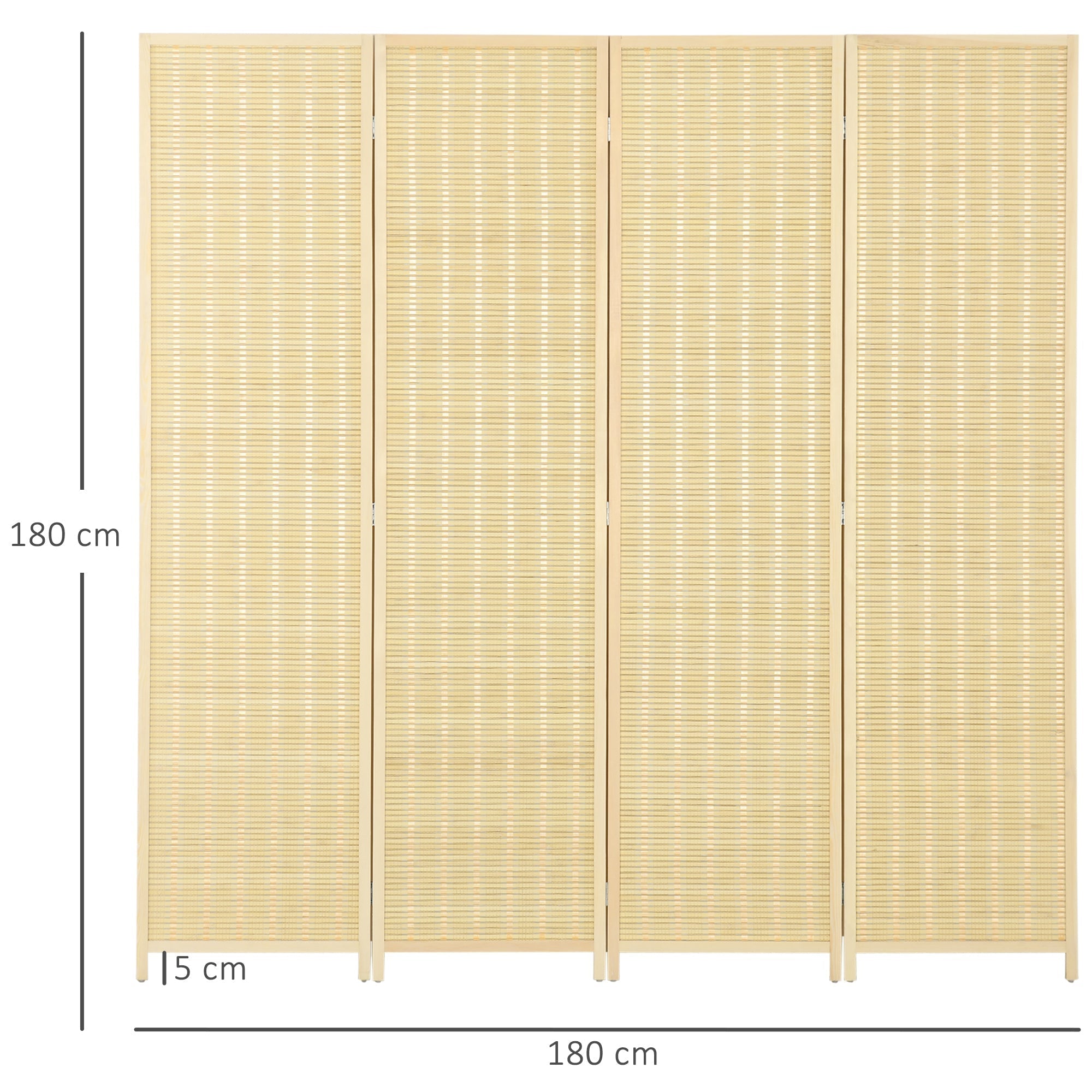 Indoor 4-Panel Folding Indoor Screen Height 180cm, Wood and Bamboo Boho Style, Natural Colour - Borgè