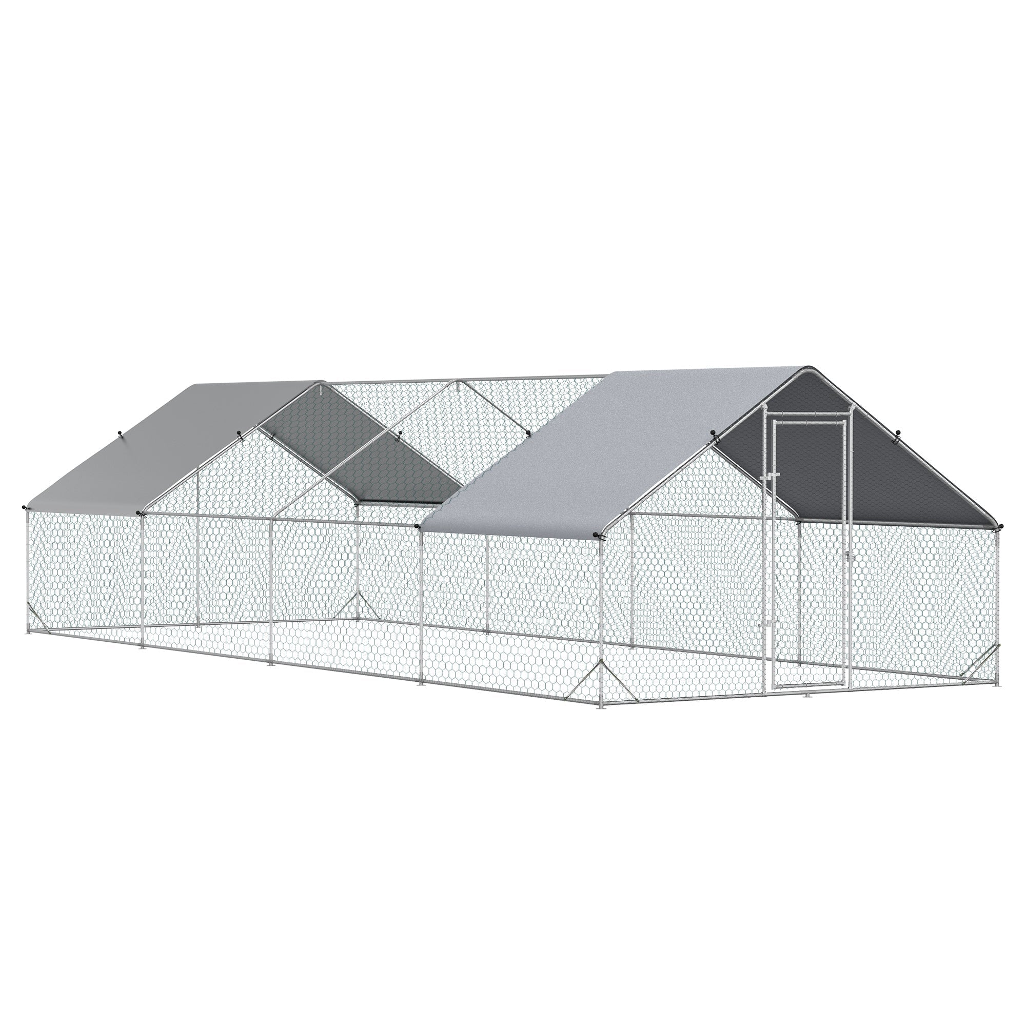 Garden Chicken Coop with Galvanized Frame, Waterproof Cover and Hexagonal Netting, 3x8x2m, Silver - Borge' Group Limited