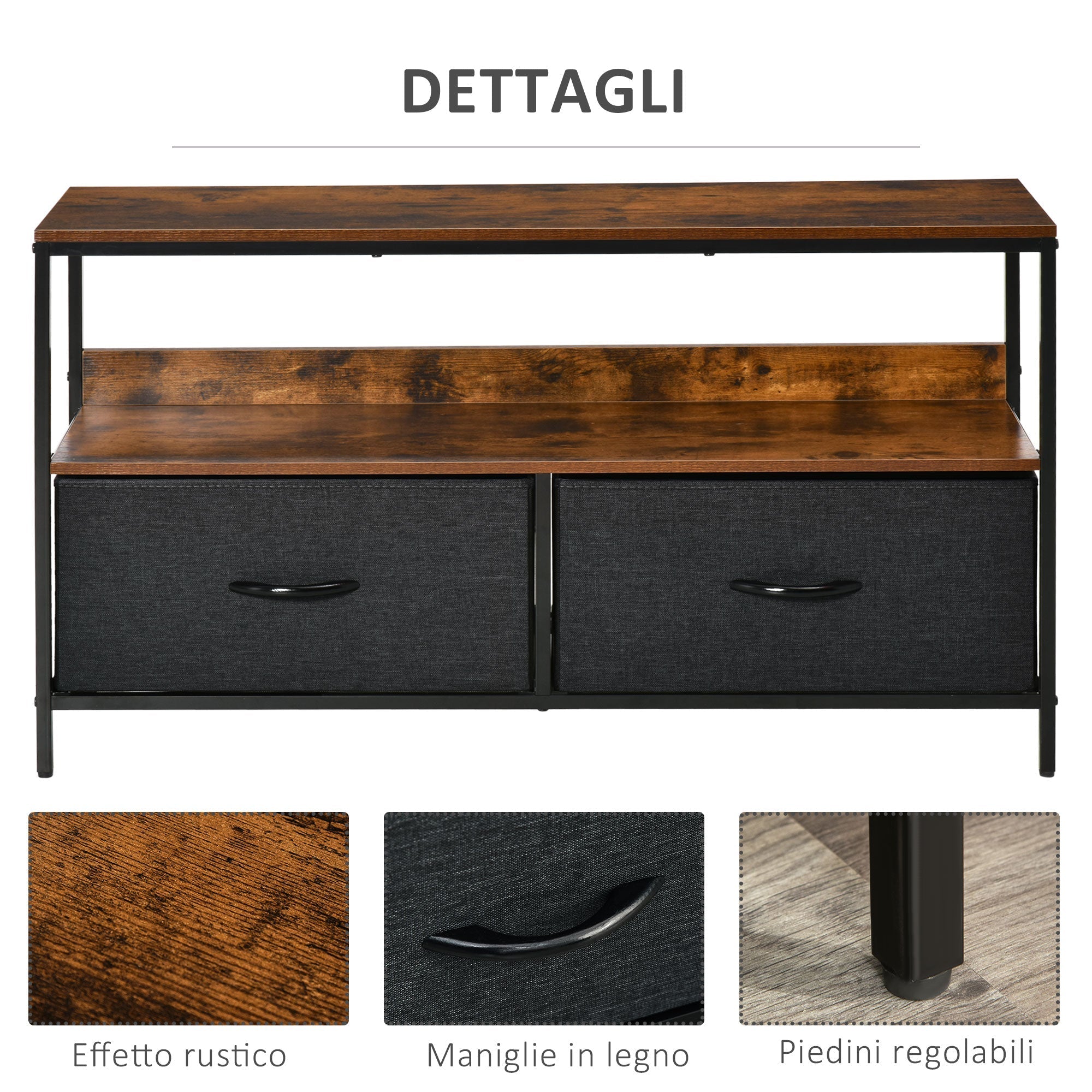 Industrial Style TV Mobile with fabric and shelf draws, metal and mdf, 98x29x56cm, brown - Borgè