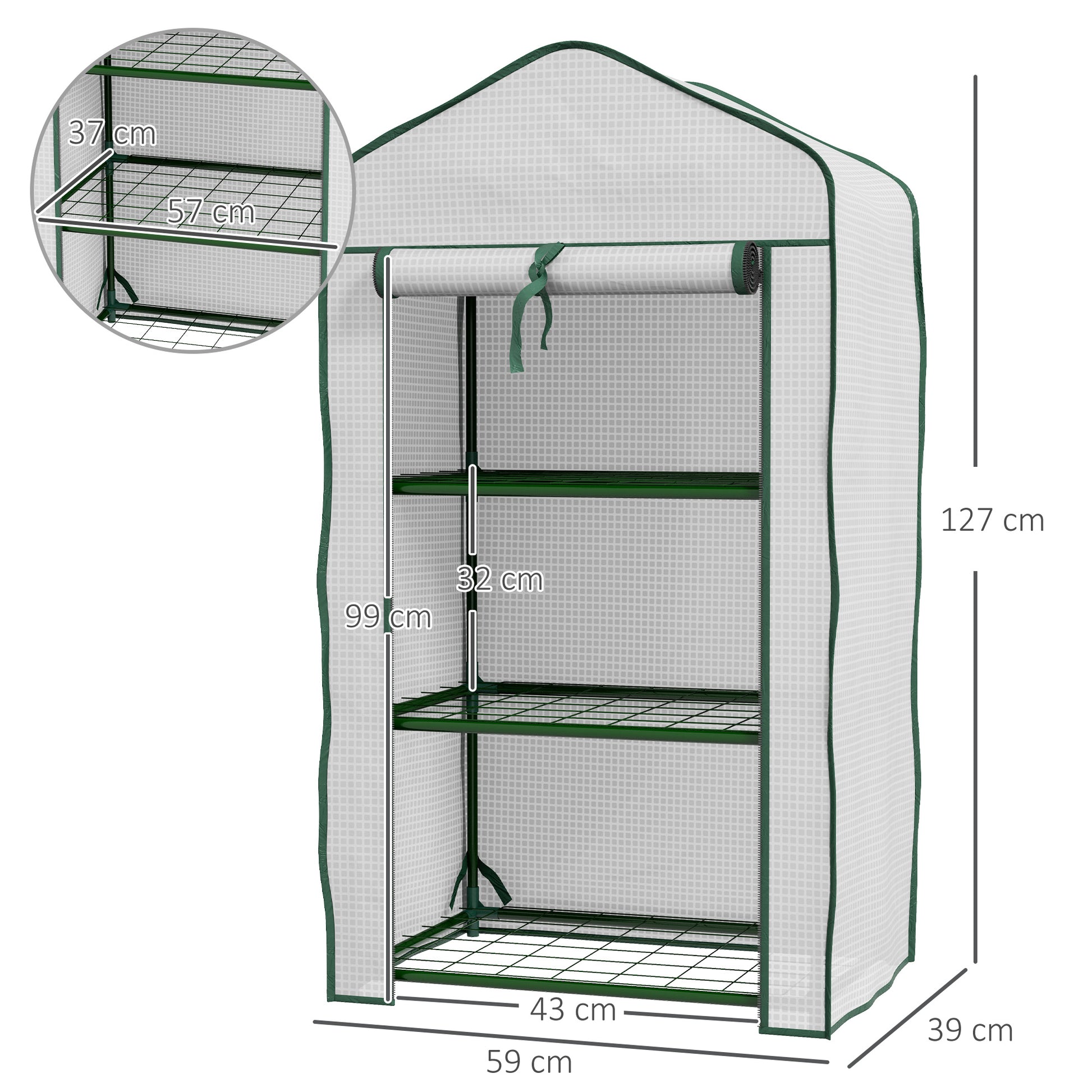 Outsunny mini garden greenhouse with pear coverage, 3 shelves and roller shutters, 59x39x127cm, white - Borgè