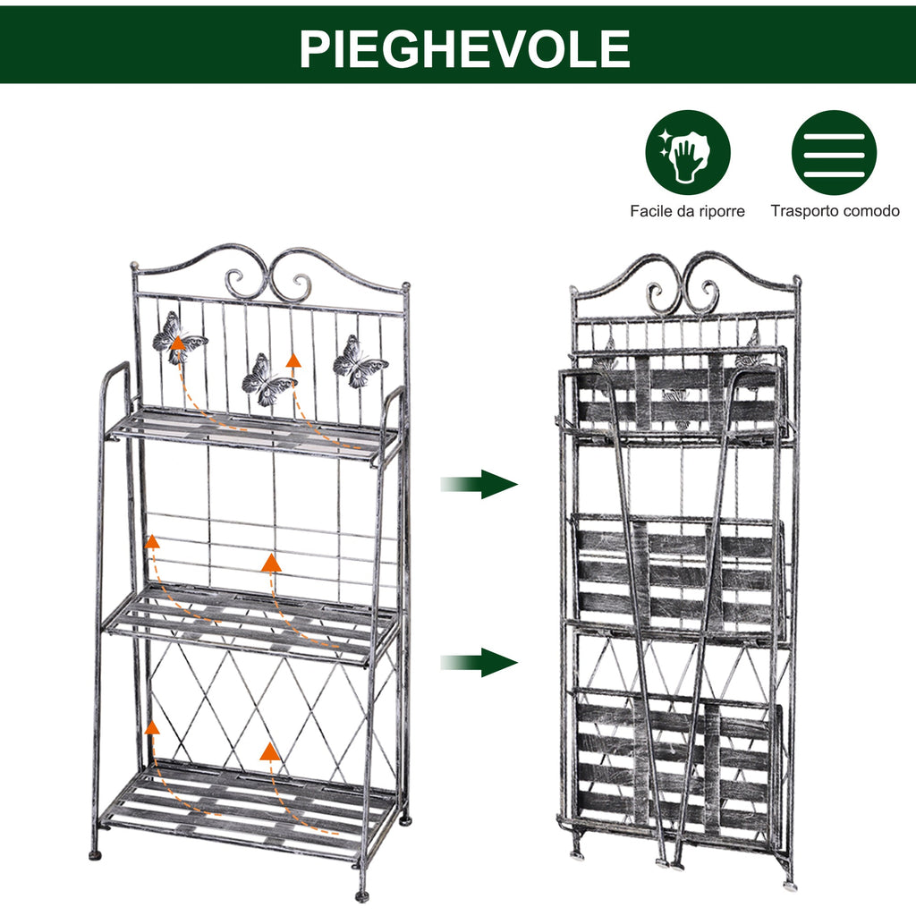 3 Tier Folding Garden Balcony Planter Shelf, Metal, Silver, 44x25x96 cm - Borge' Group Limited