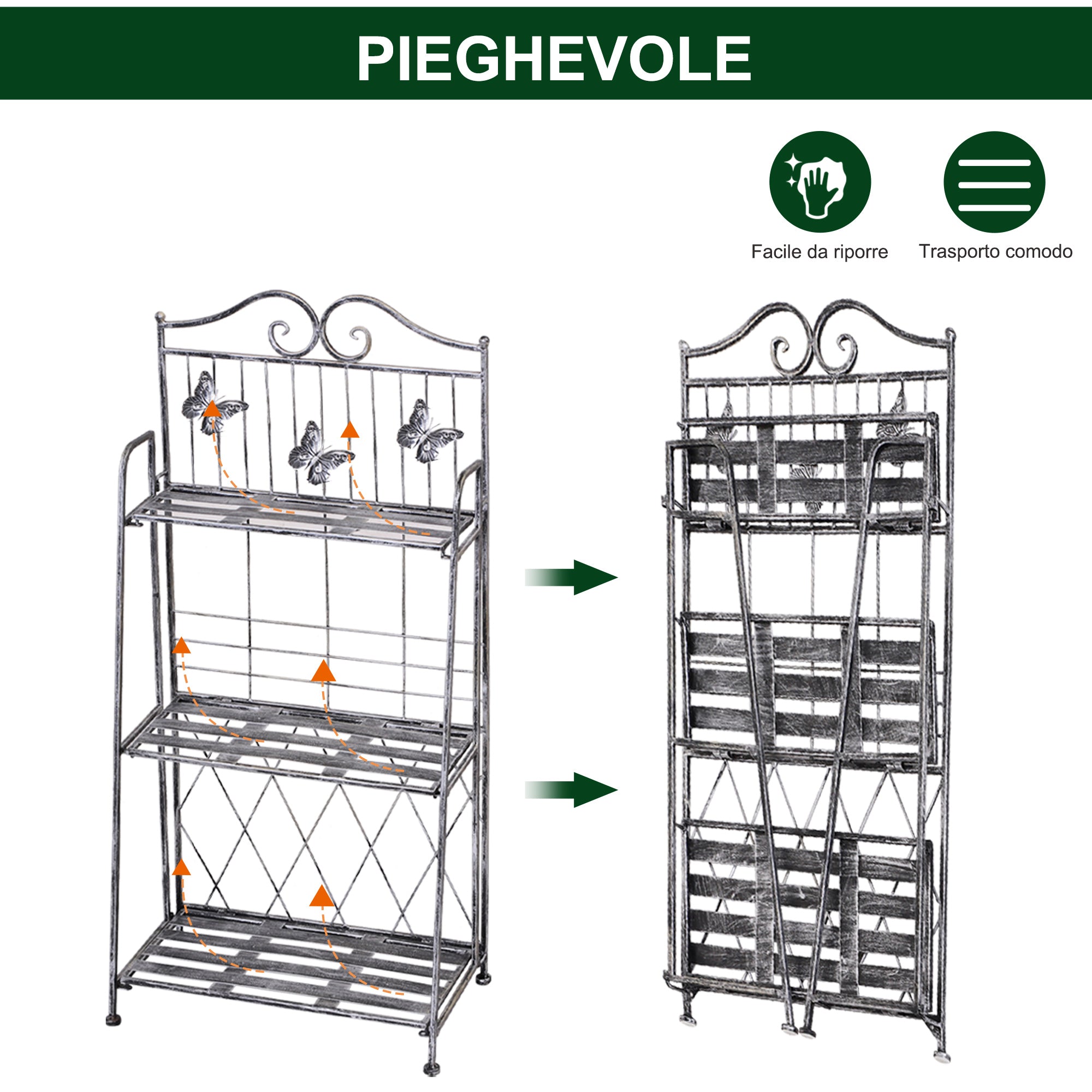 3 Tier Folding Garden Balcony Planter Shelf, Metal, Silver, 44x25x96 cm - Borge' Group Limited