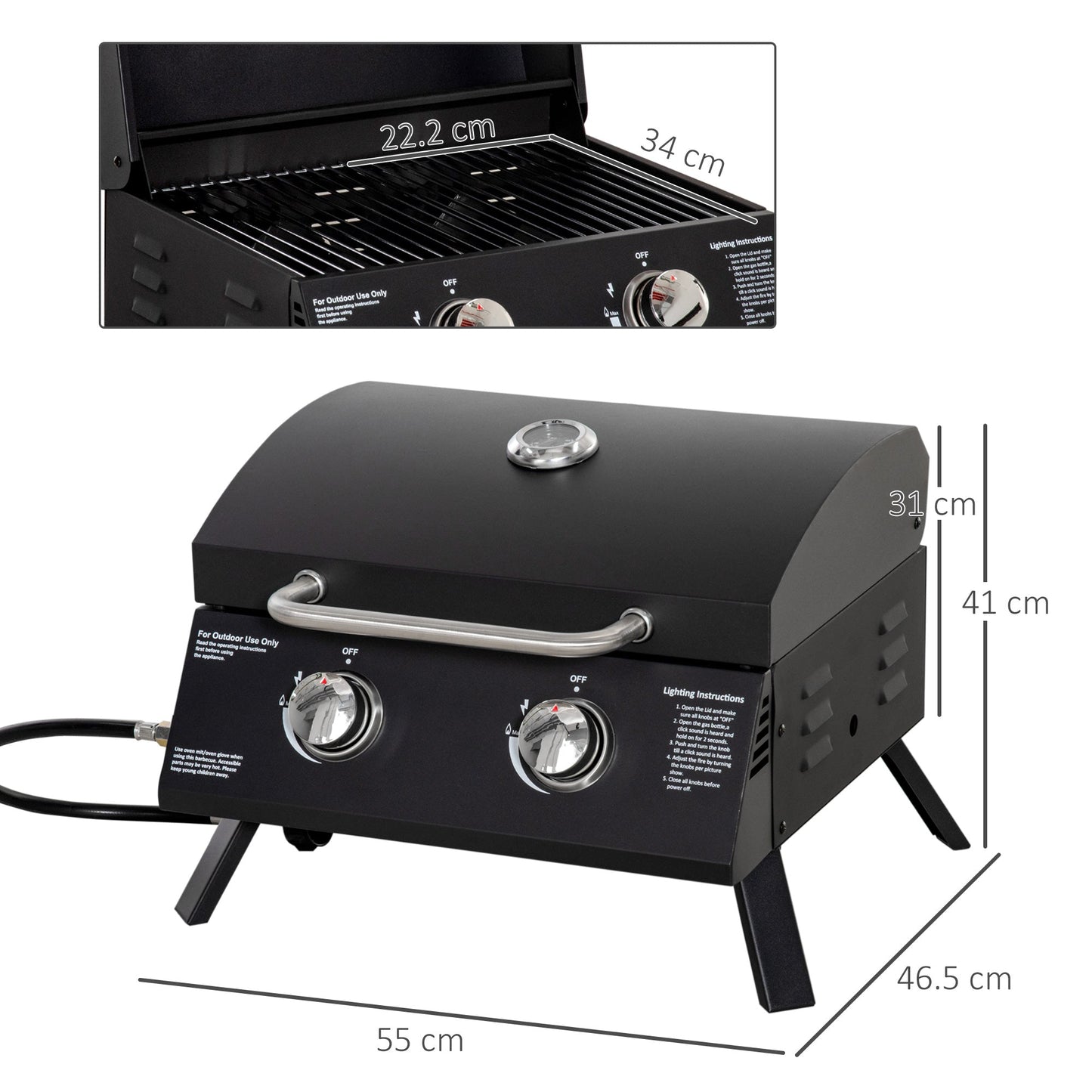 Black Folding Gas Barbecue with Lid and 2 Steel Burners - Borgè