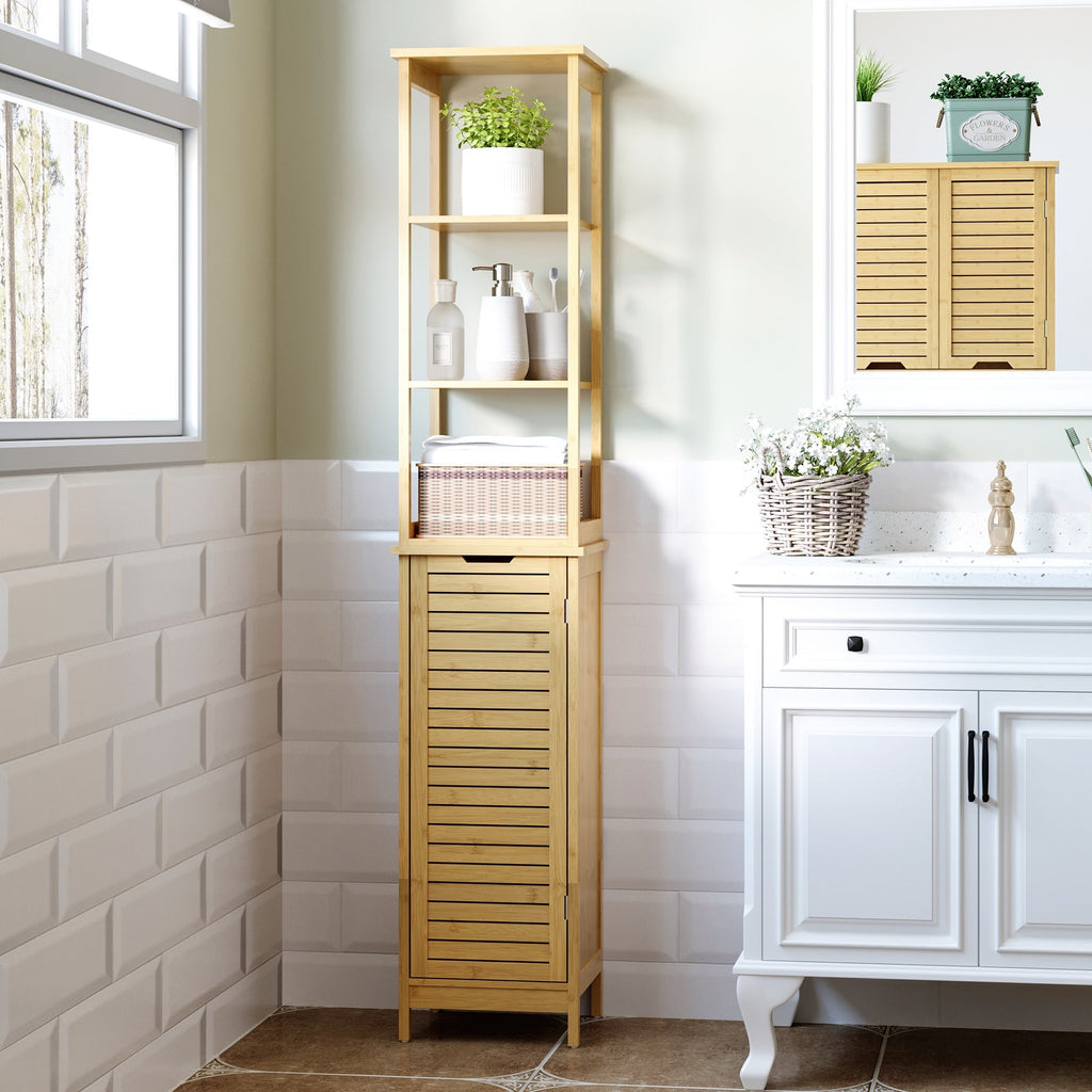 Kleankin Bathroom Cabinet with 3 shelves and 1 sideboard, slatted design, mdf and bamboo, 34x30x173cm - Borgè