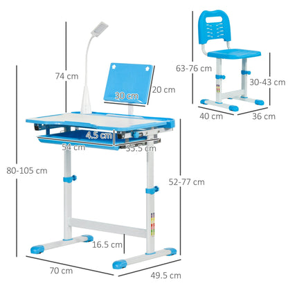 Children's Desk with Chair for 6-12 Years Old with Adjustable Height and Angle, Blue - Borgè