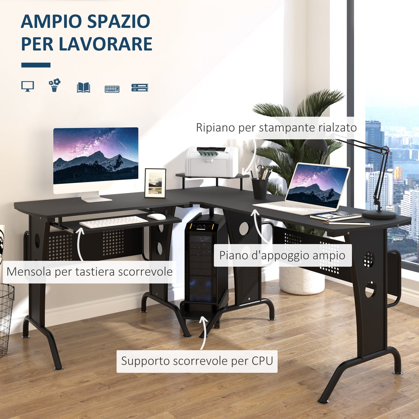 Desk Angular Gaming and Salvaspazio with black removable keyboard shelf - Borgè