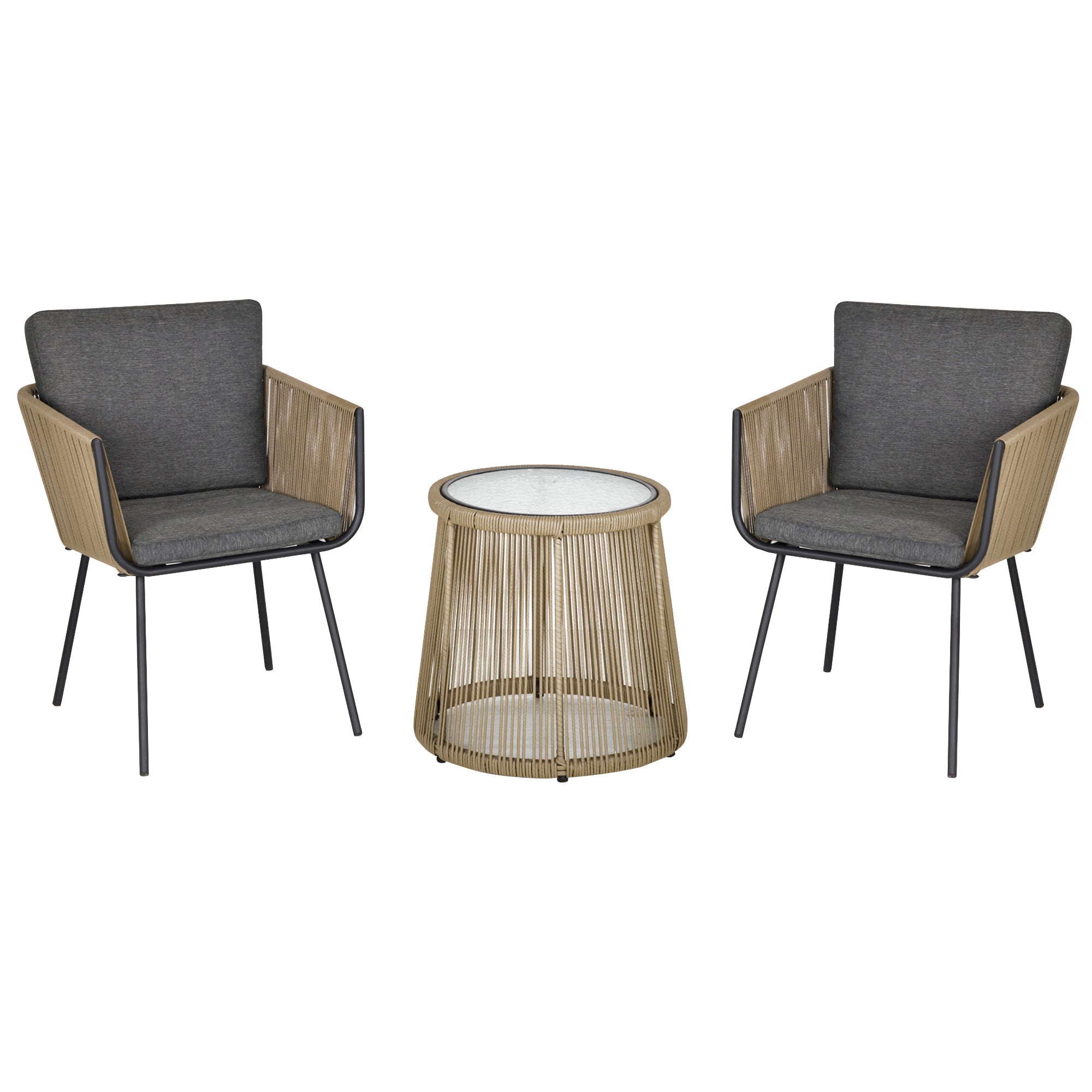 Set of 2 Outdoor Chairs with Table in PE Rattan Boho Style, Khaki and Grey - Borge' Group Limited