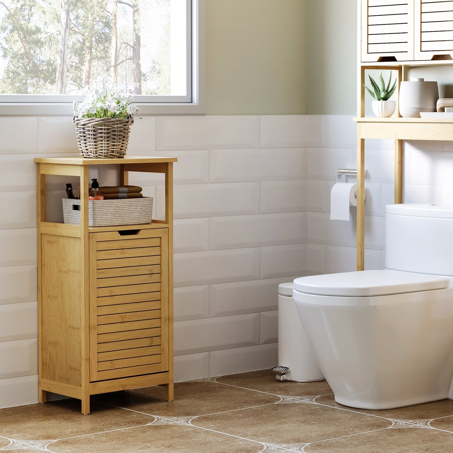 Kleankin Bathroom cabinet with multipurpose basket for laundry and toys, in MDF and bamboo, 40x30x86.5cm - Borgè