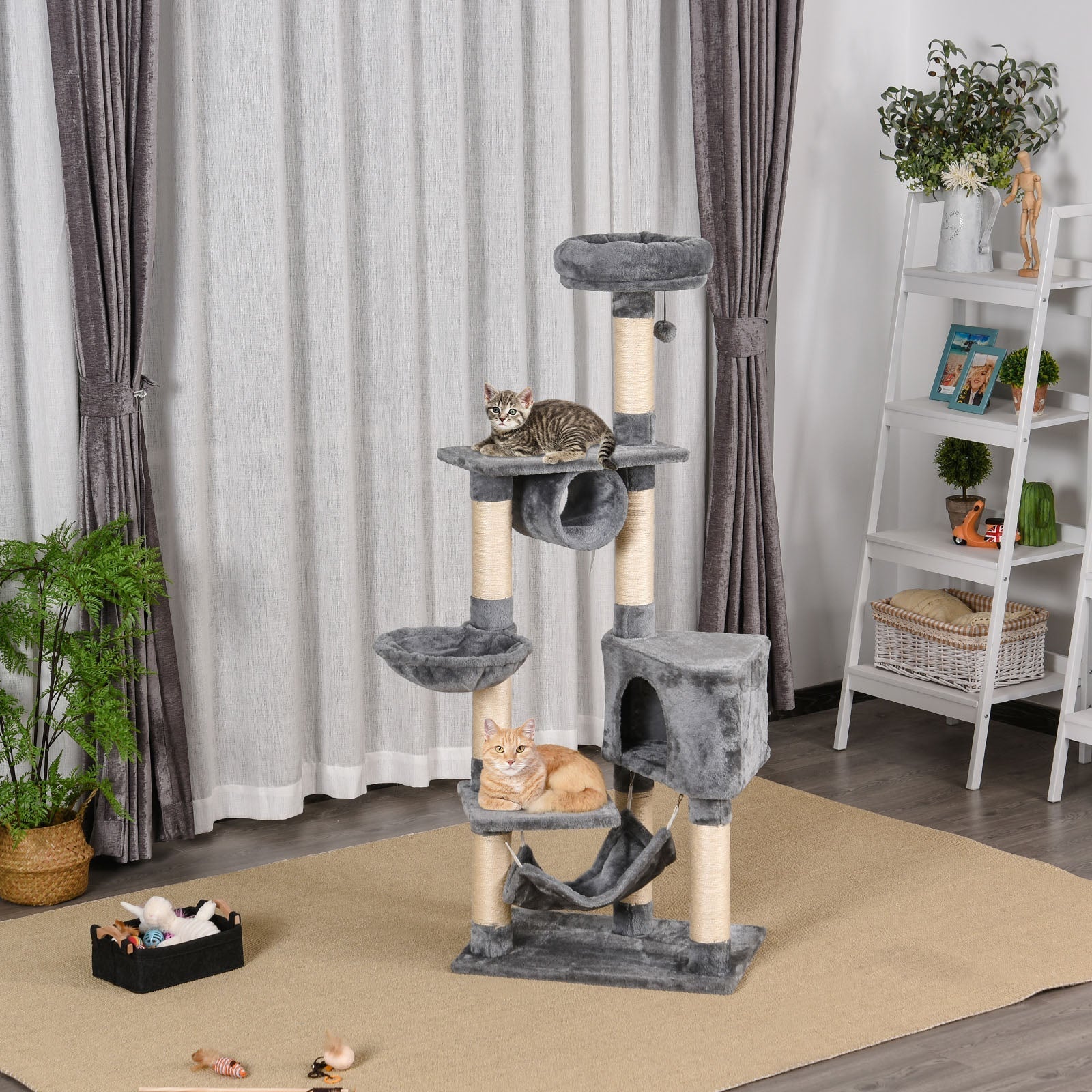 Cat Tree for cats with Scratch Pole, hammock, suspended beds and poles in sisal rope, Grey, 60x40x154cm - Borge' Group Limited