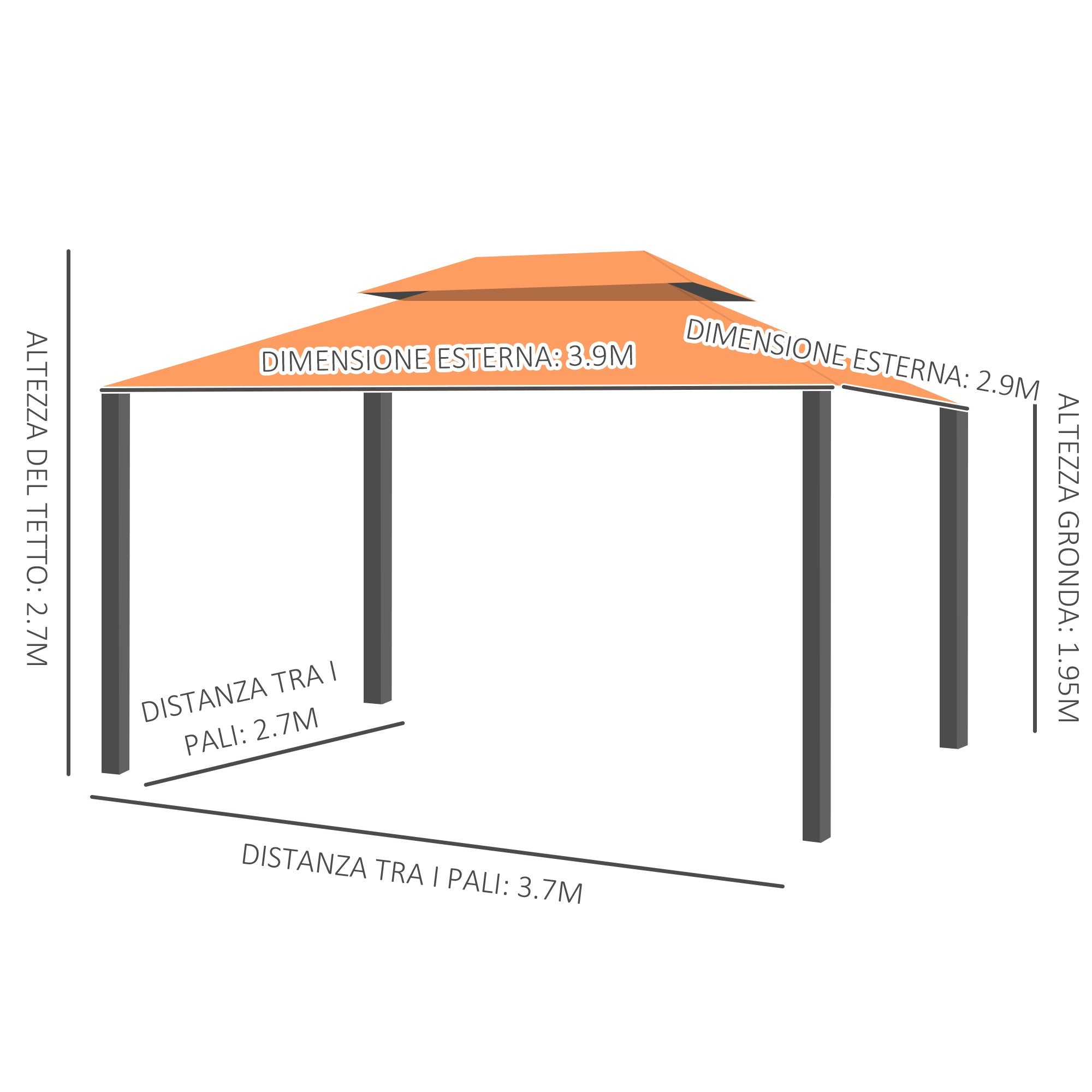 4x3m Garden Gazebo with Double Roof and Side Awnings, Orange - Borge' Group Limited