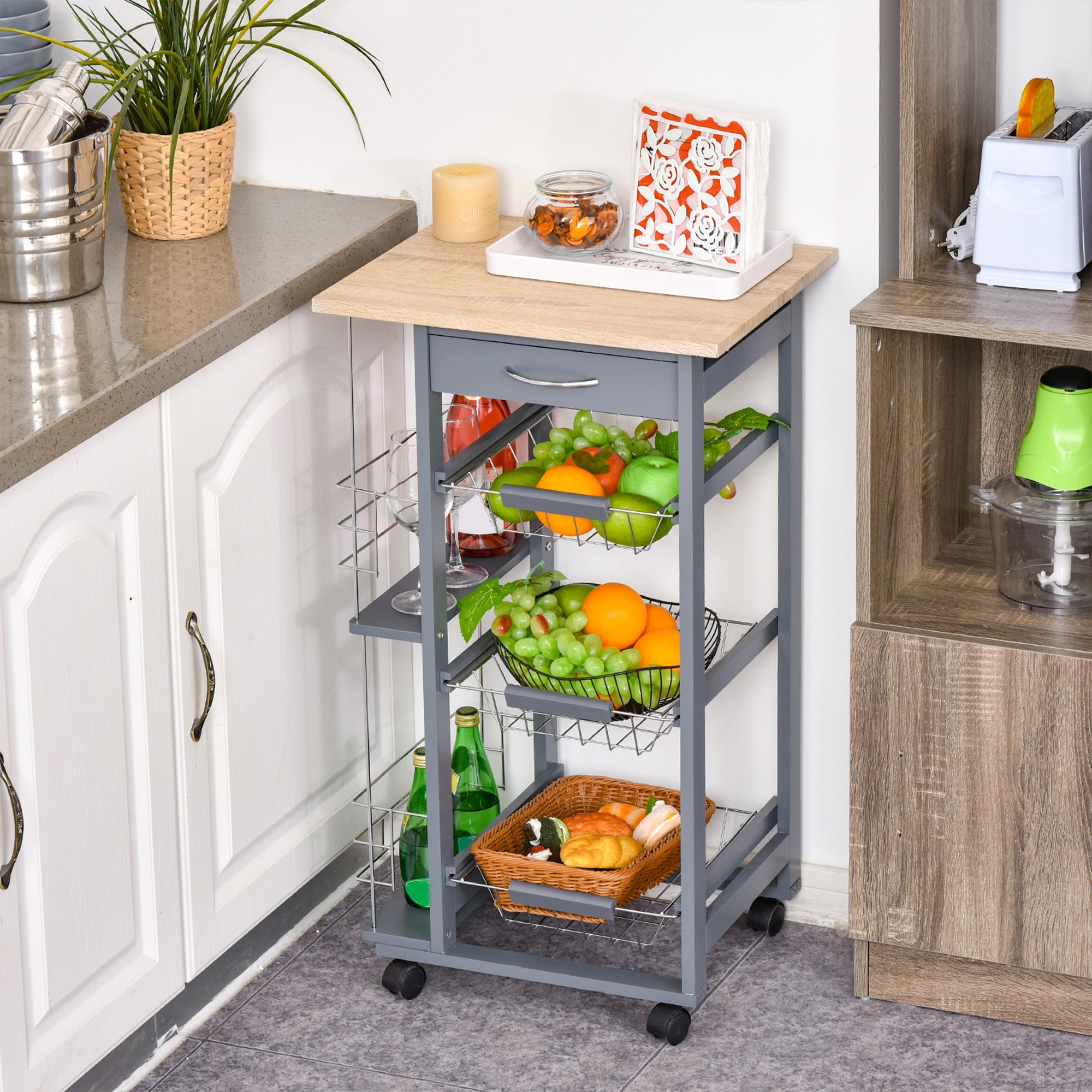 Homcom kitchen trolley with removable drawers and 2 hobs, in pine wood and metal, 47x37x83 cm - Borgè