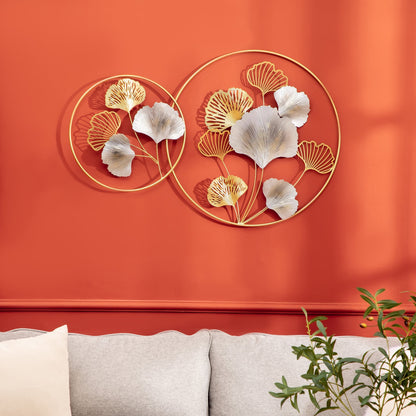 Metal Wall Decoration 3D, golden wall art with ginkgo in two round frames, 138x70 cm, gold and silver - Borgè