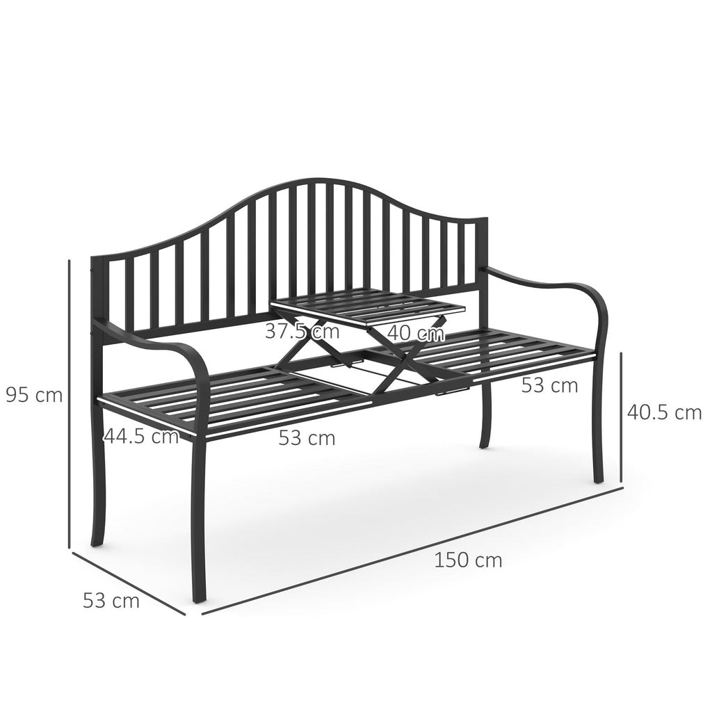 2-Seater Outdoor Bench, Garden Bench with Extendable Metal Table 150 x 53 x 95 cm Black - Borge' Group Limited