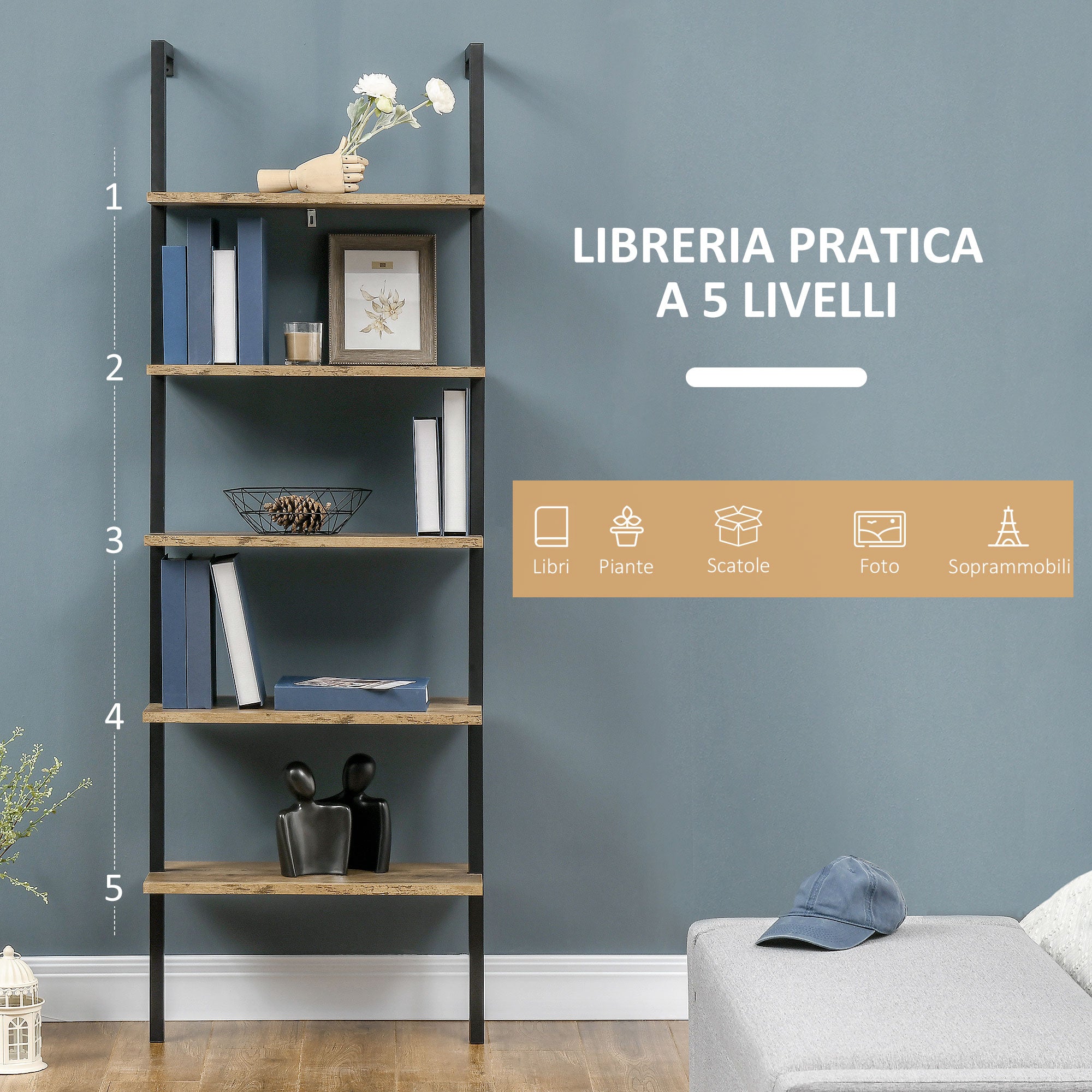 Homond bookcase in Scala with 5 shelves in industrial style in wood and metal, 60x30x184.5cm, brown - Borgè