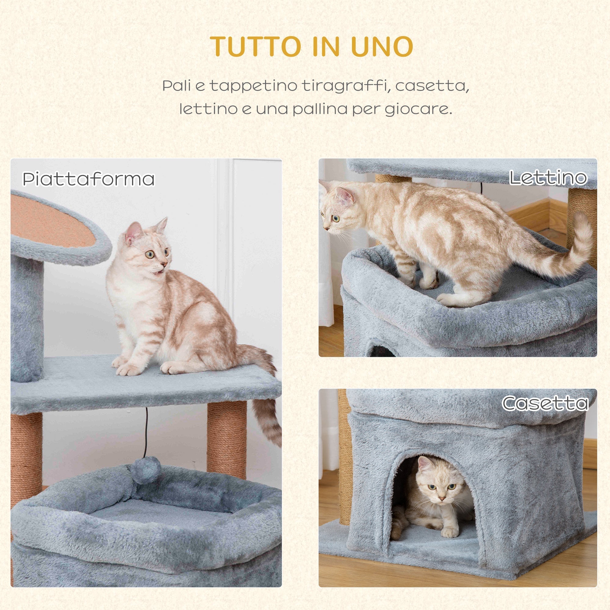 Cat Tree for cats with Scratch Pole and house, height 84cm - Grey - Borge' Group Limited