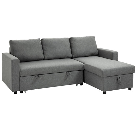 sofa bed 3 seats and peninsula with container, linen effect fabric covering, 211.5x146x85cm