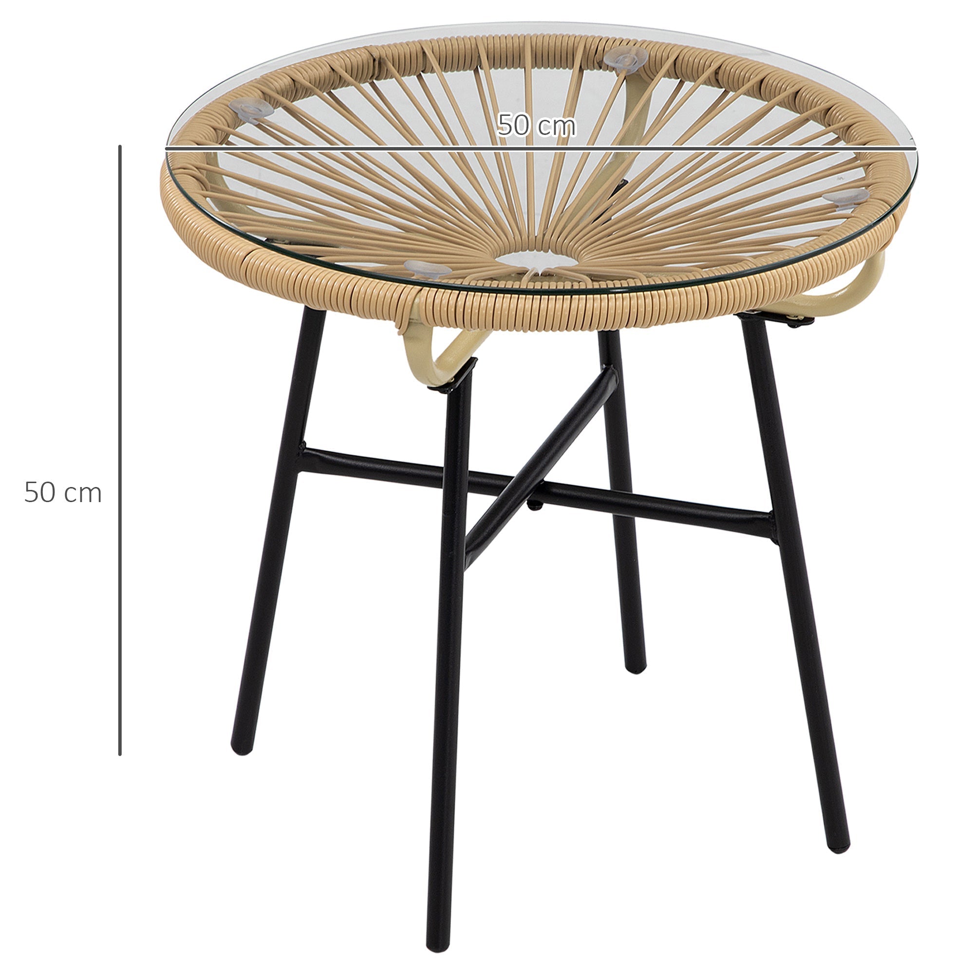Round Garden Coffee Table Boho Style PE Rattan and Glass, Ø50x50cm, Beige - Borge' Group Limited