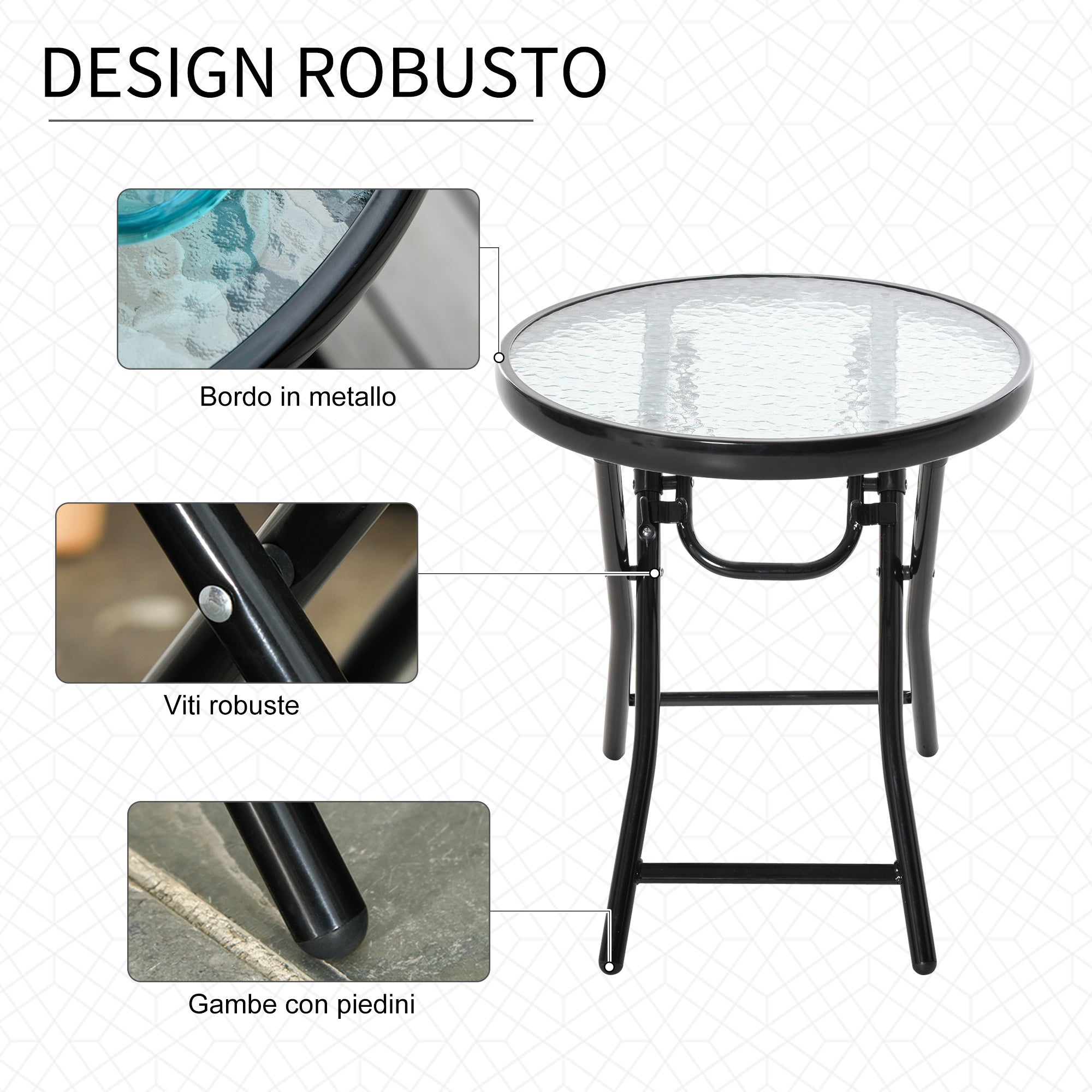 Folding Metal Garden Table, Small Garden Table with Glass Top and Safety Lock, Φ45x50cm Black - Borge' Group Limited