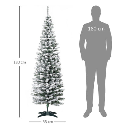 Christmas Tree with Snow Effect (SLIM Tree) 180cm Artificial Snowy Christmas Tree with 390 Branches, Removable Base Christmas Decorations - Borgè