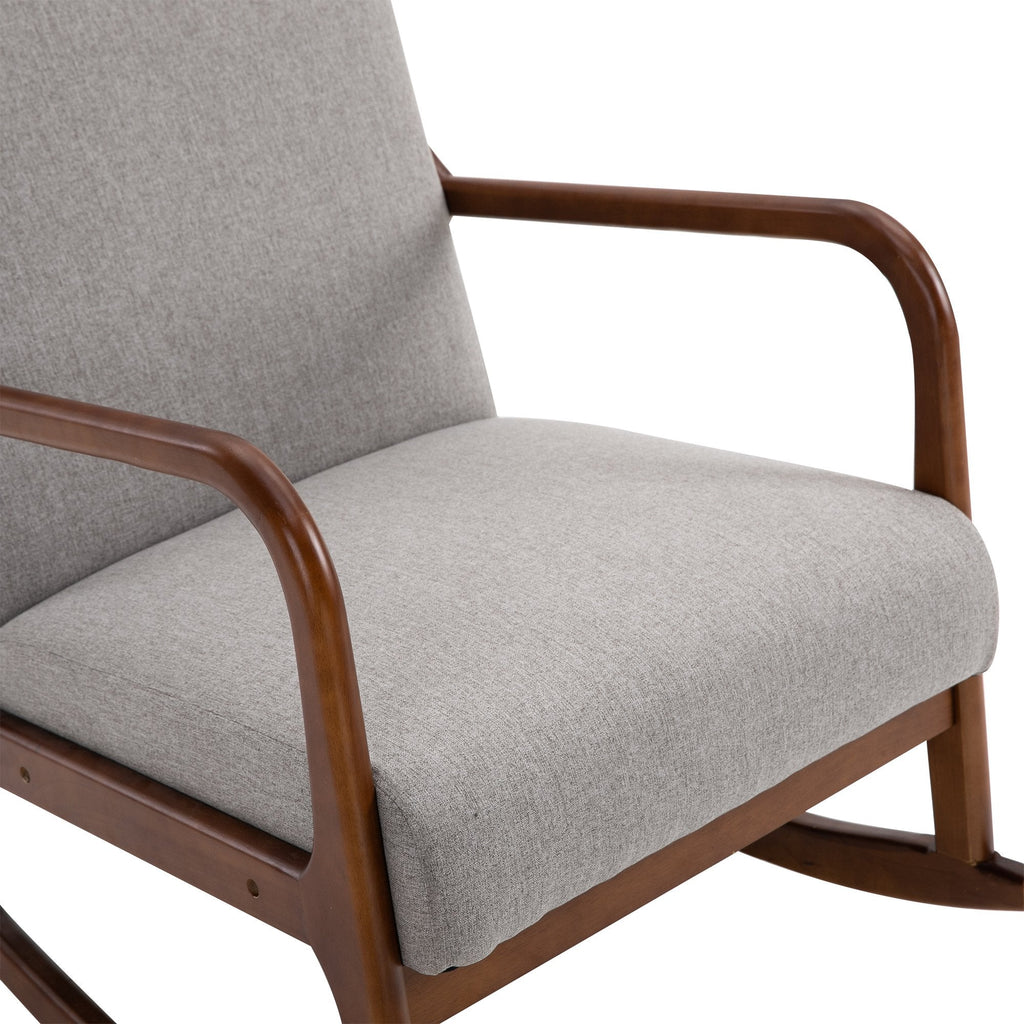 padded rocking armchair, vintage wooden design and Grey linen, for interiors, office, living room, 64x86x80cm - Borgè