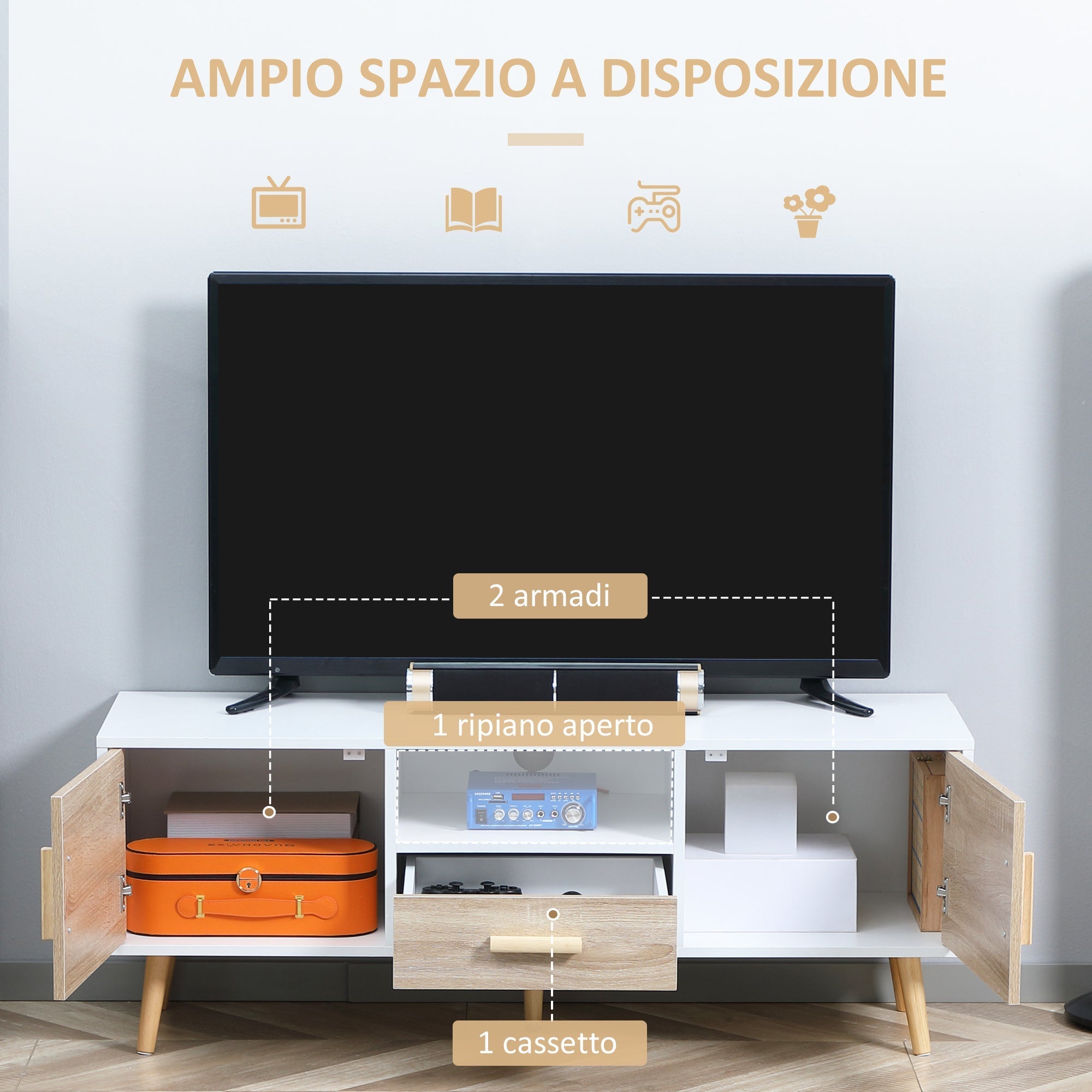 Homcom Low TV Mobile for TV Max 46 "with open shelf, drawer and 2 lockers, in chipboard and pine, 120x37x45.5cm - Borgè