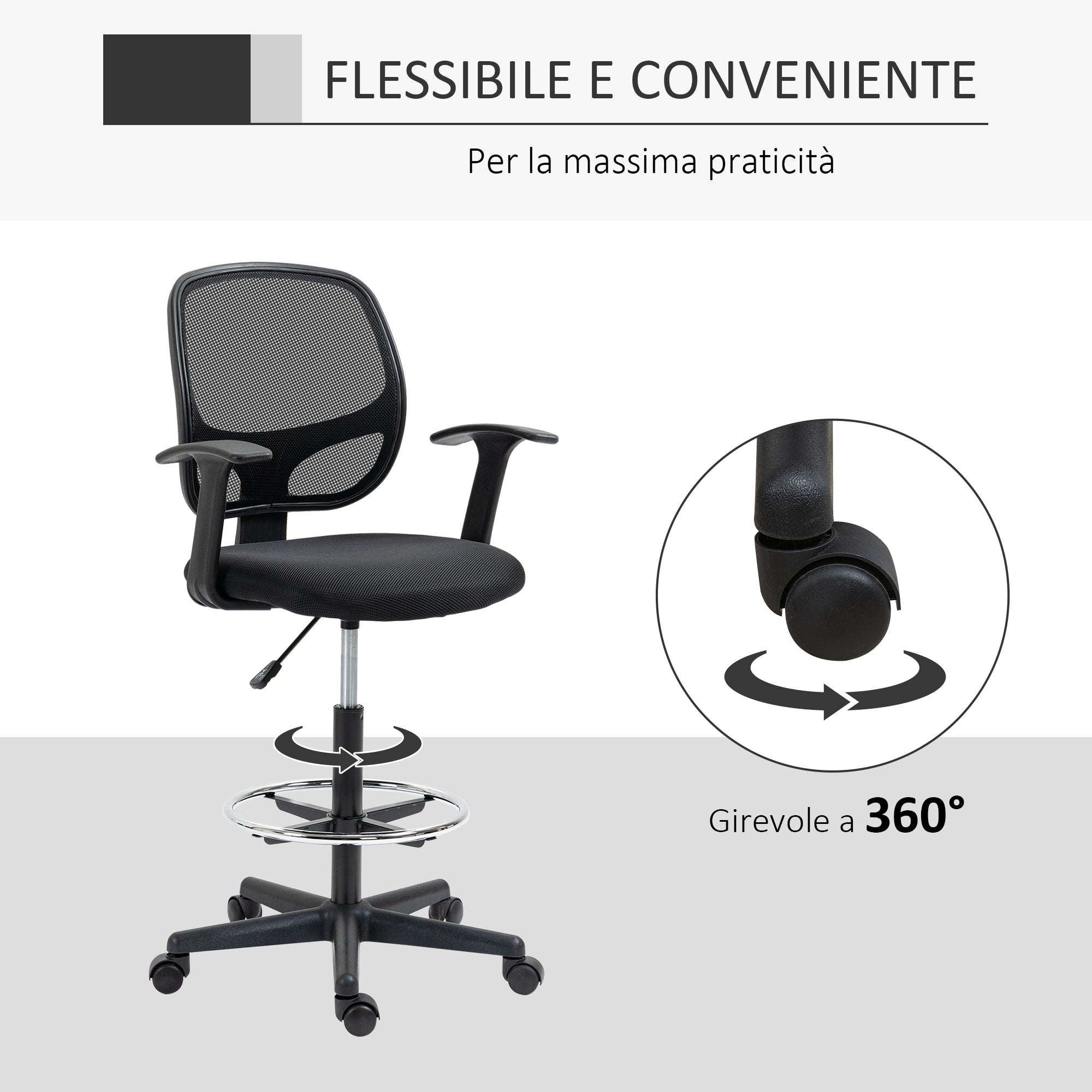 Vent office chair with adjustable height with armrests, wheels and padded seat, 60x56x110-132 cm, black - Borgè