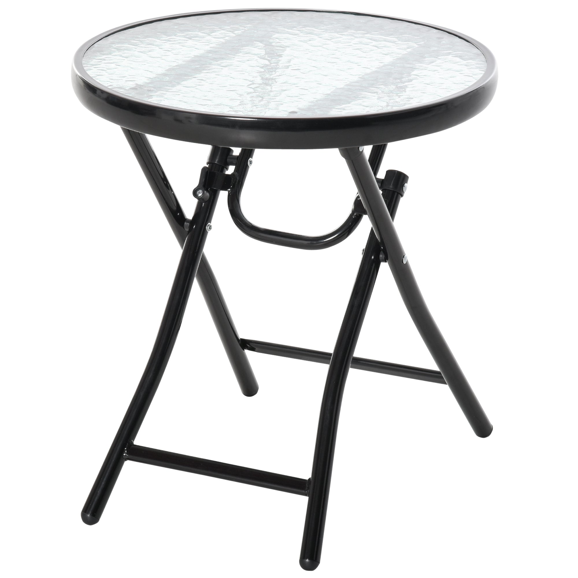 Folding Metal Garden Table, Small Garden Table with Glass Top and Safety Lock, Φ45x50cm Black - Borge' Group Limited