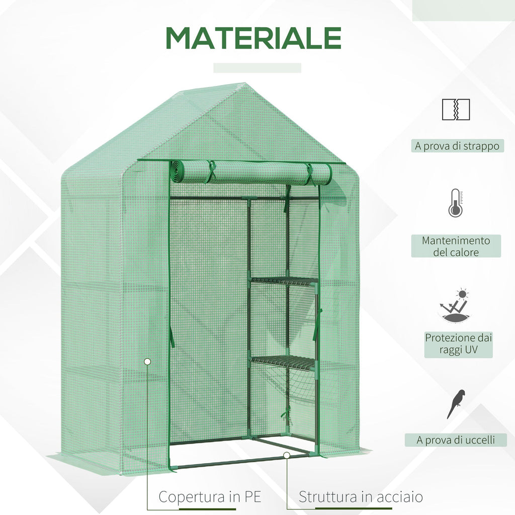 Outsunny Garden greenhouse in steel and plastic PE with 4 shelves, ropes and pickets, 141x72x191 cm, green - Borgè