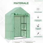 Outsunny Garden greenhouse in steel and plastic PE with 4 shelves, ropes and pickets, 141x72x191 cm, green - Borgè