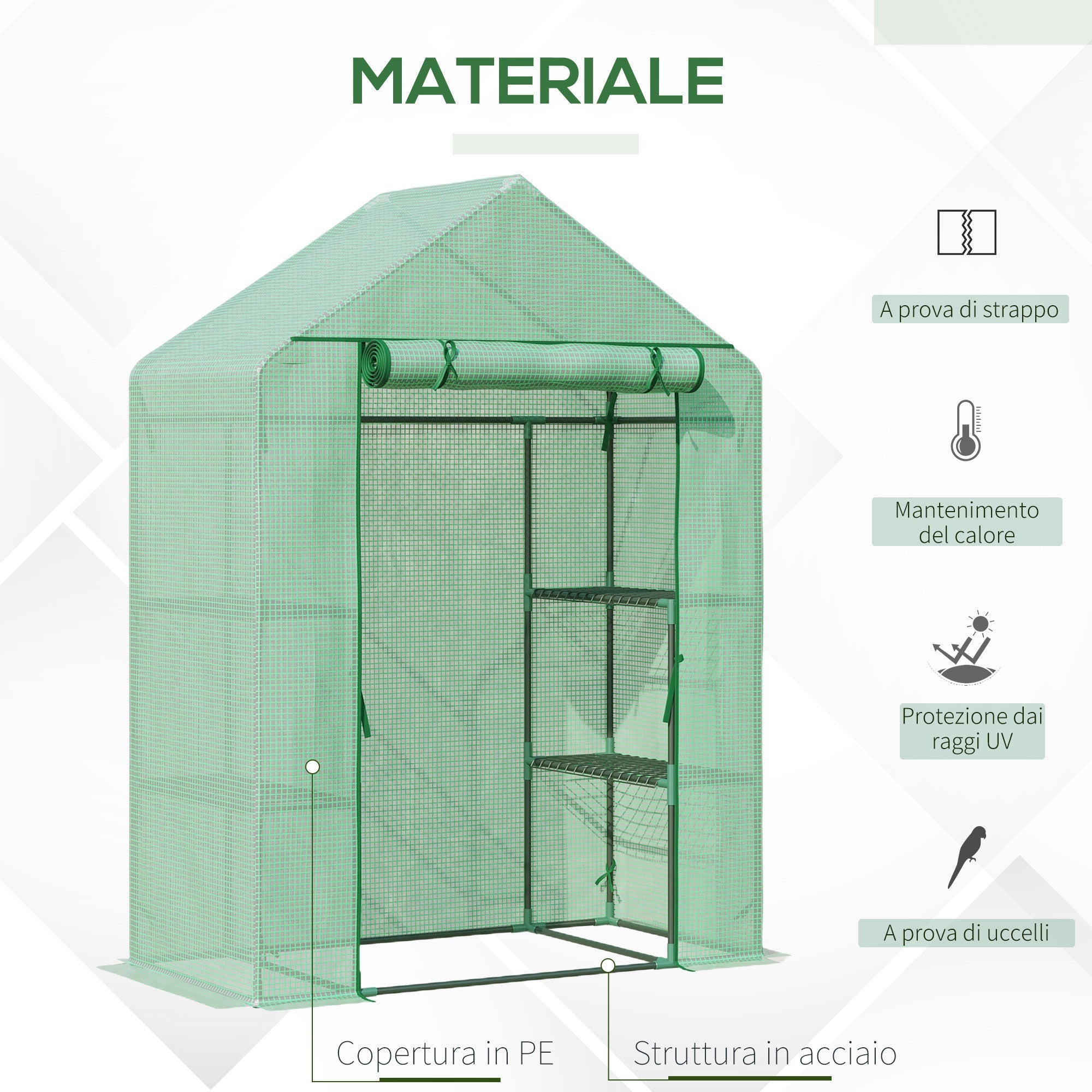 Outsunny Garden greenhouse in steel and plastic PE with 4 shelves, ropes and pickets, 141x72x191 cm, green - Borgè