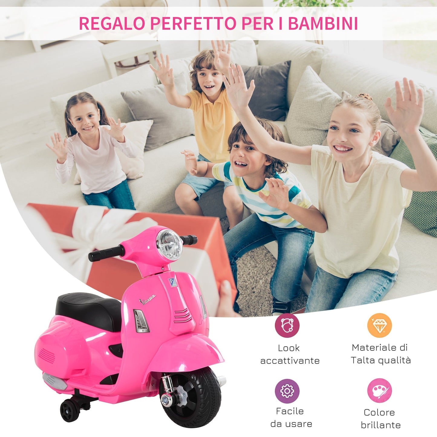 electric motorcycle for children with official Vespa 6v battery license, headlights and horn, for children of 18-36 months, Rosa, 66.5x38x52cm - Borgè