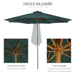 3x2.5 m Garden Umbrella with Rope Opening, 8 Ribs, in Wood and Polyester, Dark Green - Borge' Group Limited