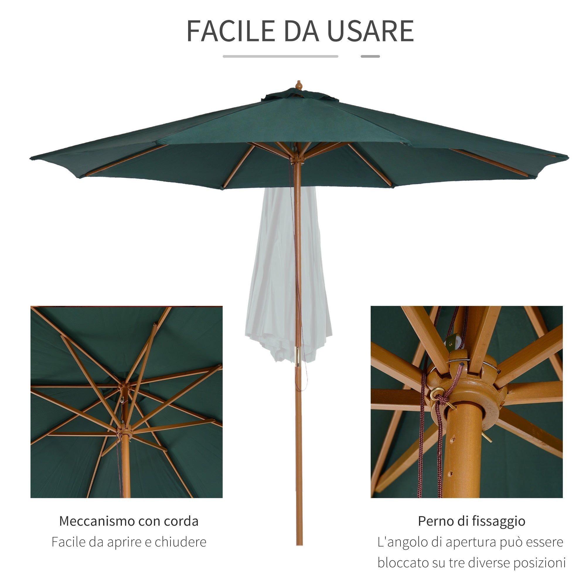3x2.5 m Garden Umbrella with Rope Opening, 8 Ribs, in Wood and Polyester, Dark Green - Borge' Group Limited