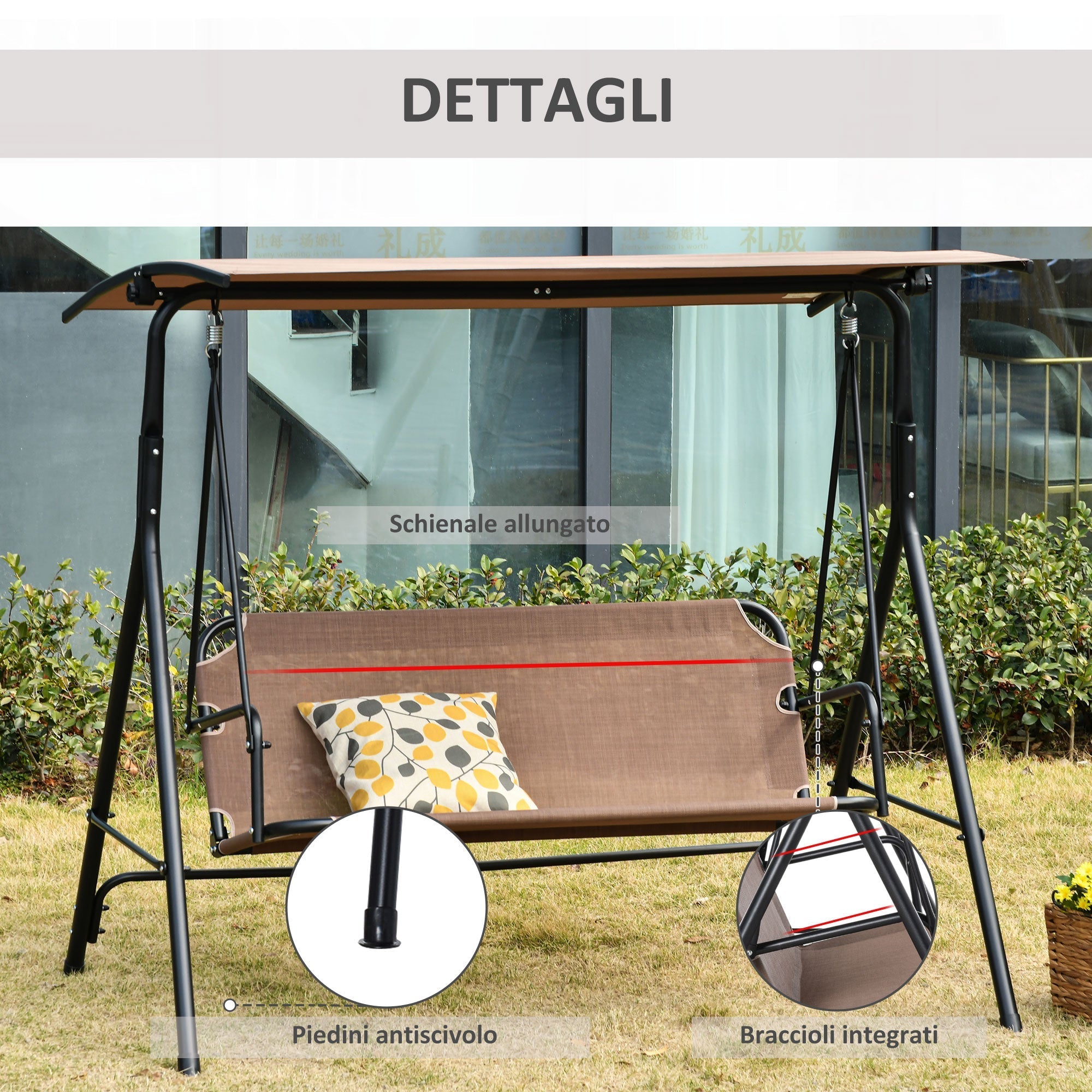 LOUISIANA | 3 Seater Garden Swing Terrace with Adjustable Canopy in Metal and Texteline 172x110x155cm Brown - Borge' Group Limited