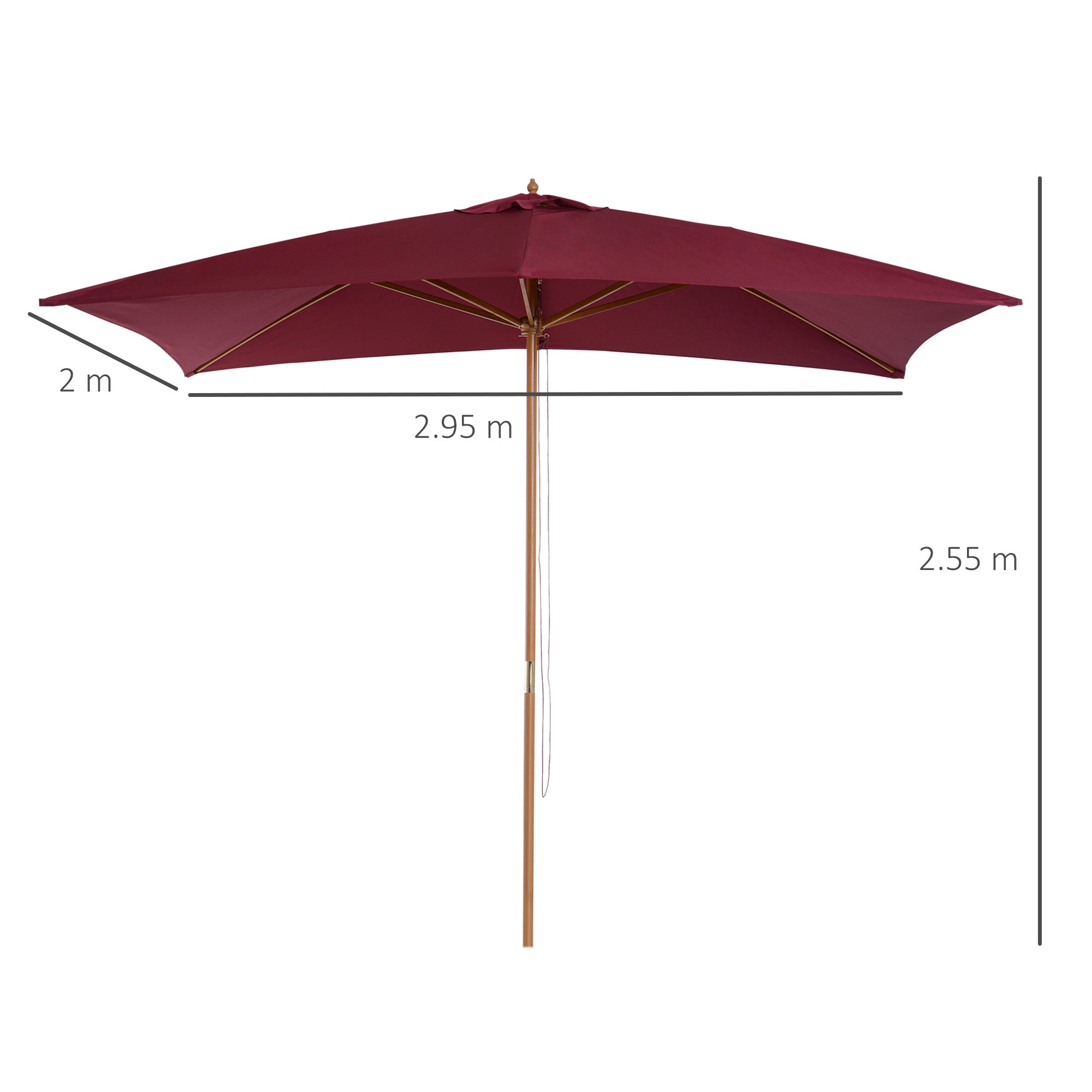 2x3m Waterproof Garden Umbrella with 8 Ribs, in Wood and Bamboo, Burgandy - Borge' Group Limited
