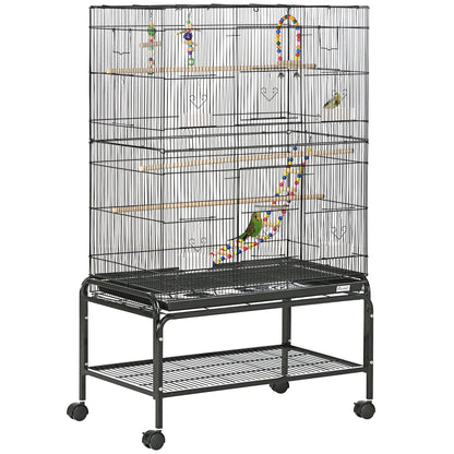 Steel Bird Cage with Perches, Toys, Food Containers and Tray, 79x49x133 cm, Black - Borgè