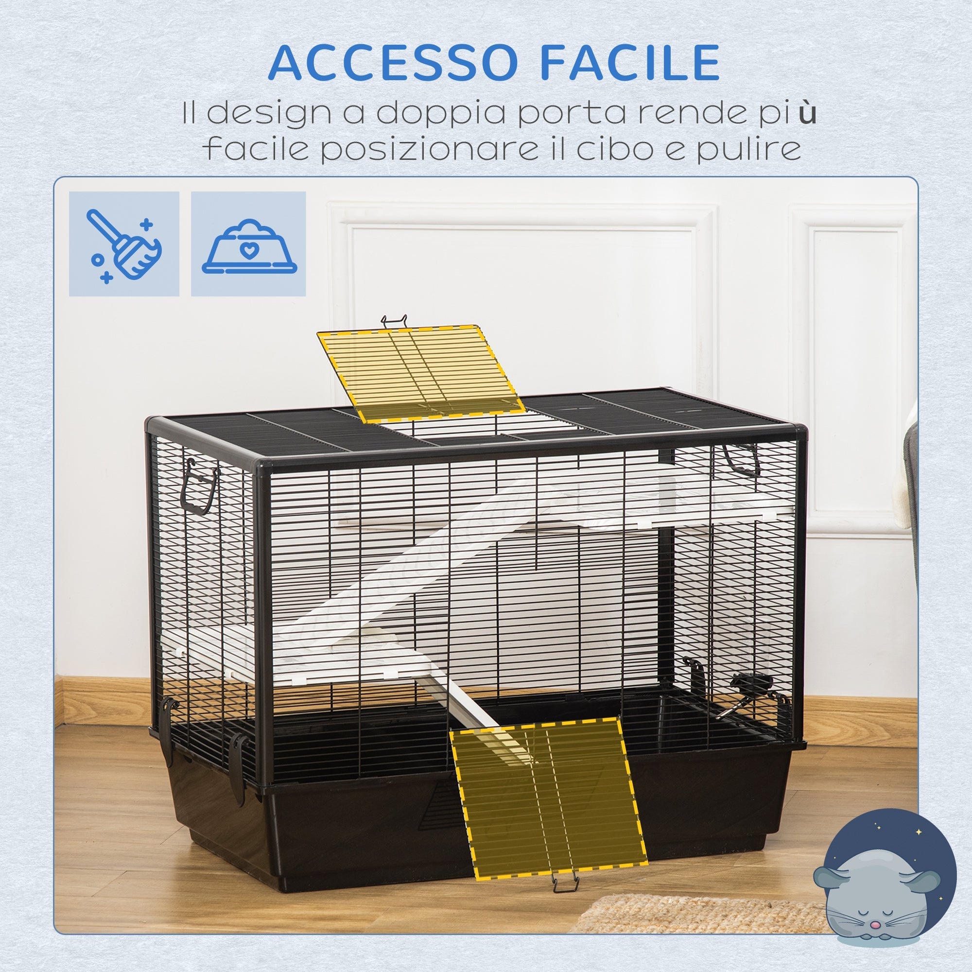 Guinea Pig Cage with Handle, Water Tank, Ramp and Tray, 80x48x58cm, Black - Borge' Group Limited