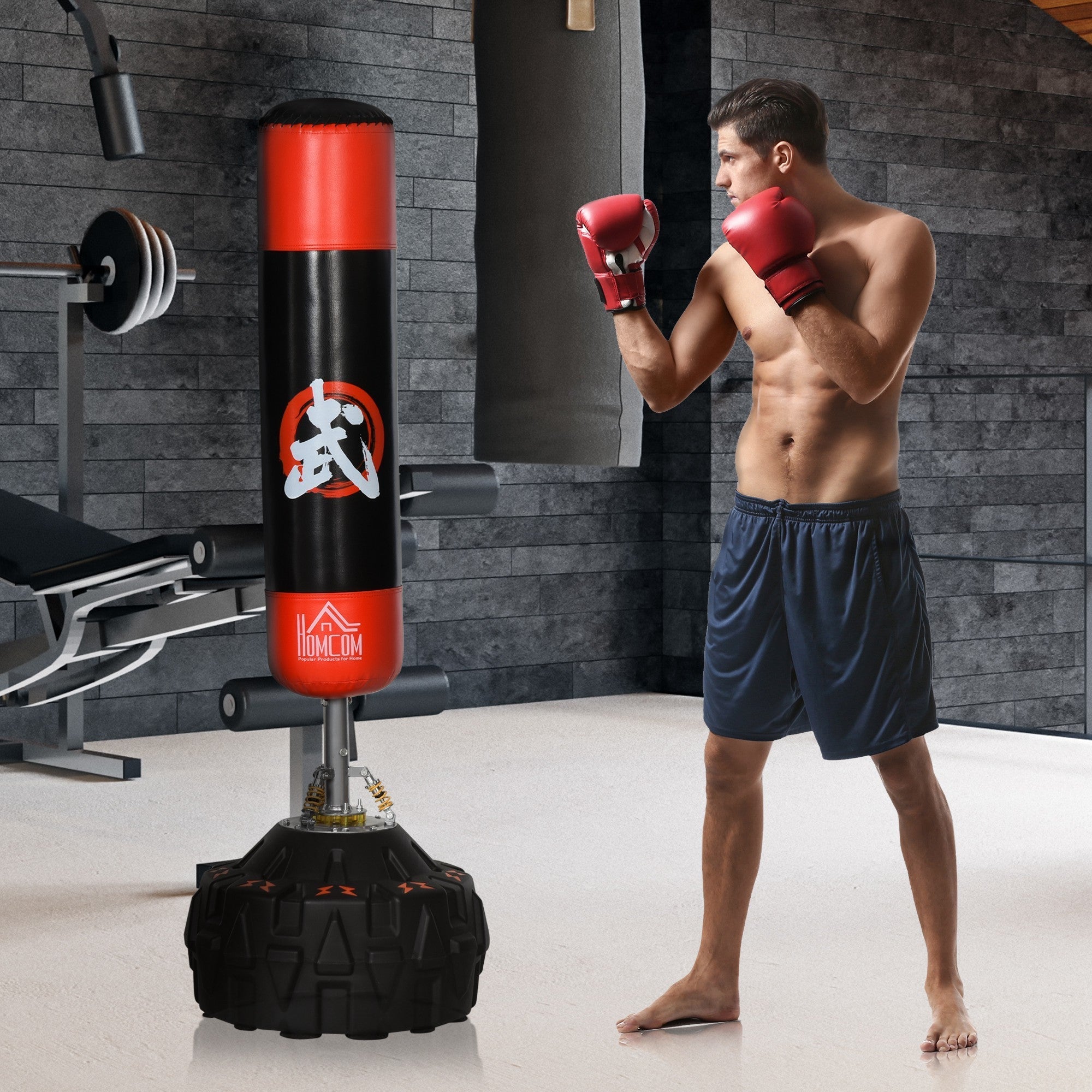 Boxing bag from the ground with support for professional training at home or in the gym, black and red, φ60 x 180 cm - Borge' Group Limited
