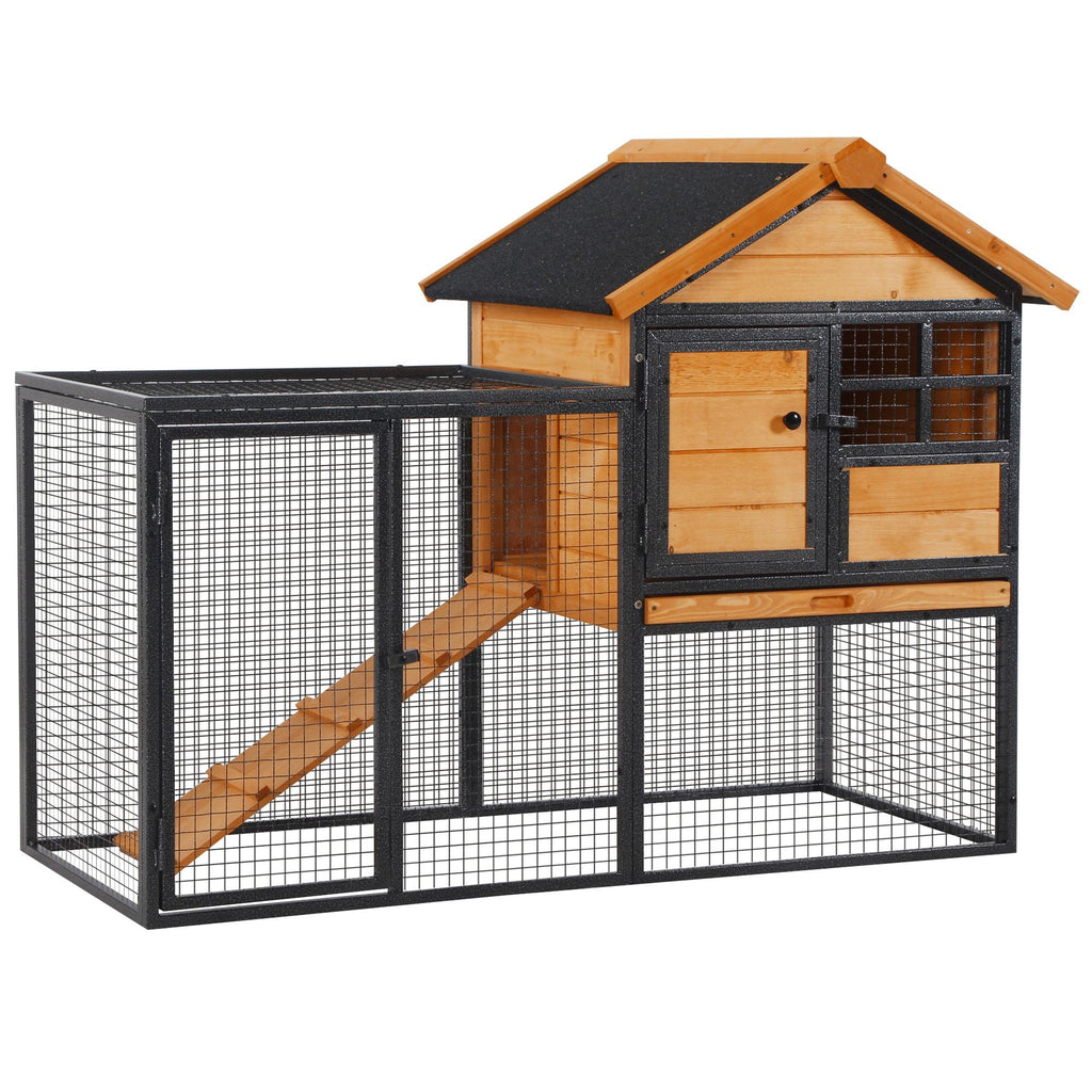 Rabbit Cage with House, Ramp and Open Area, Light Yellow Wooden and Metal Rabbit Hutch, 122x63x92cm - Borge' Group Limited