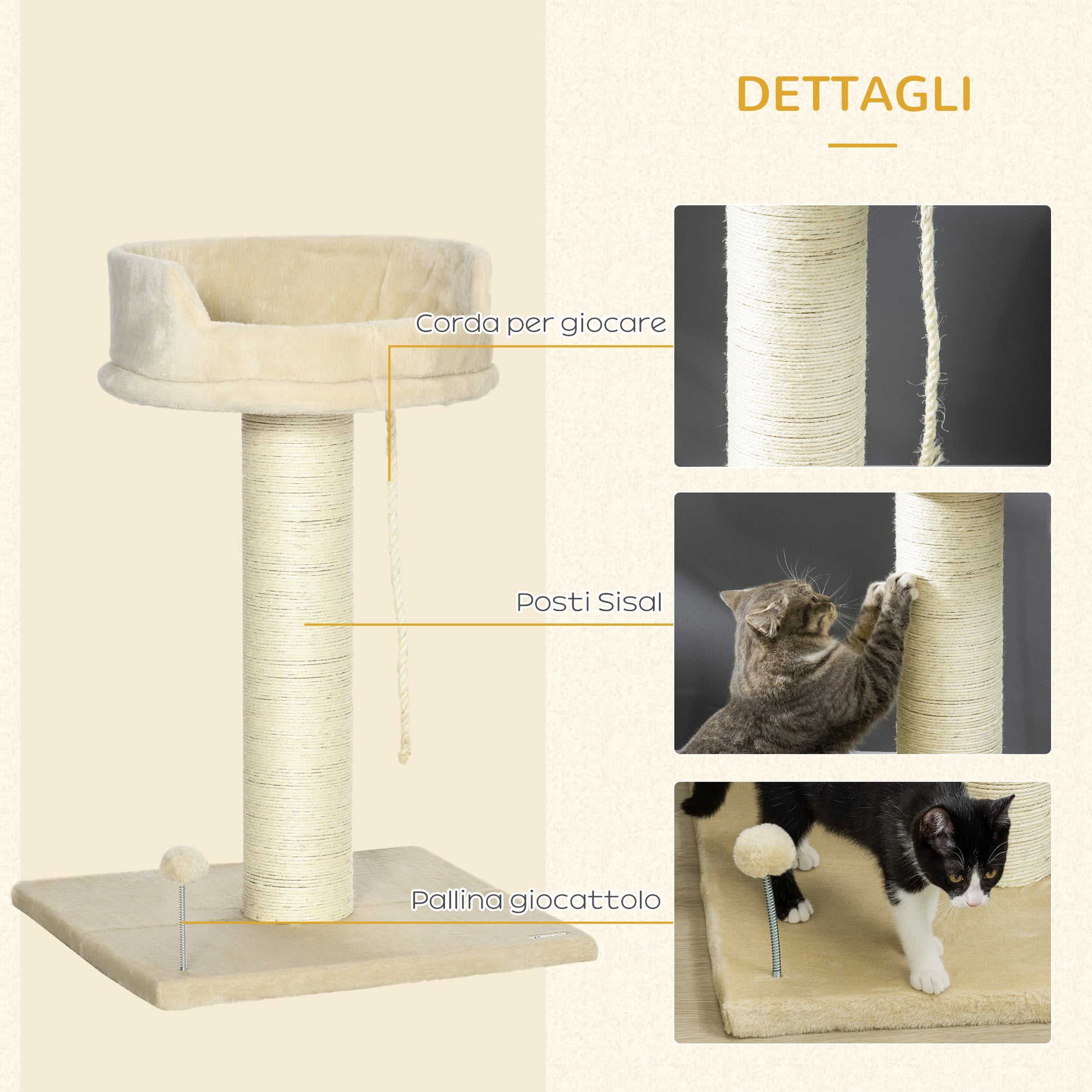 PAWHUT TRAGRAFFI tree for cats with cot and ball in plush and pole in sisal 55x55x83cm beige - Borgè