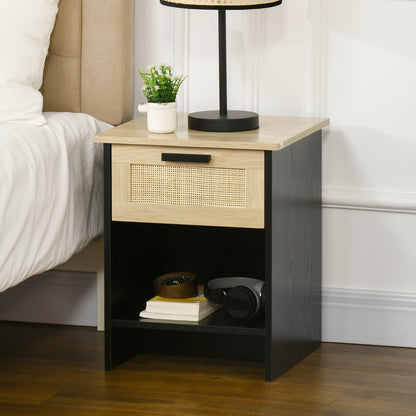 Boho Chic Style Wooden and Rattan Nightstand with Drawer and Shelf, 40x40x50cm, Black and Natural - Borgè