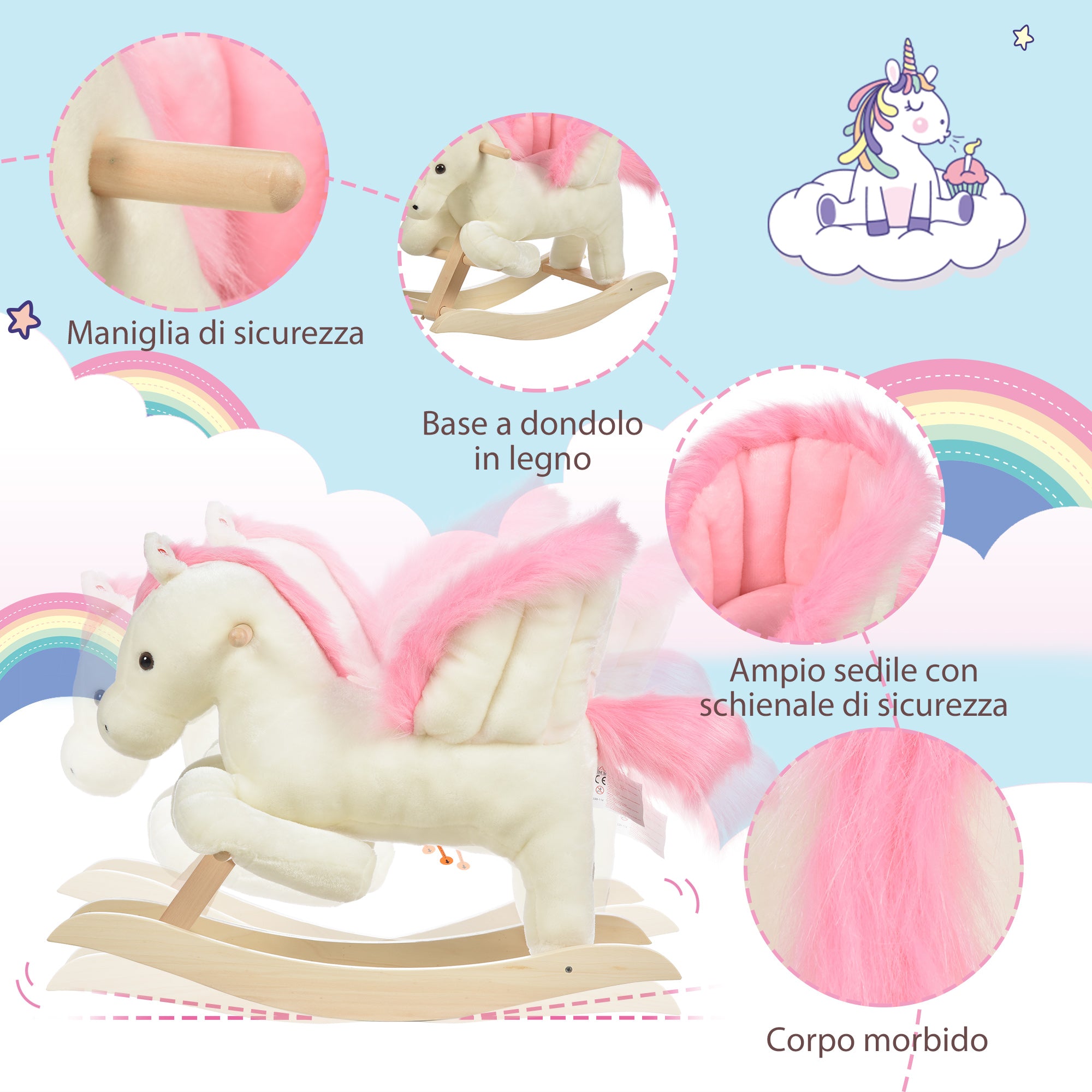 White and Pink Rocking Horse with Sounds and Poplar Wood Structure for Children 18-36 Months, 70x28x57cm - Borgè