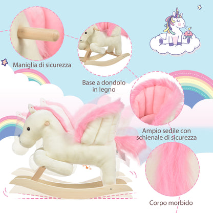 White and Pink Rocking Horse with Sounds and Poplar Wood Structure for Children 18-36 Months, 70x28x57cm