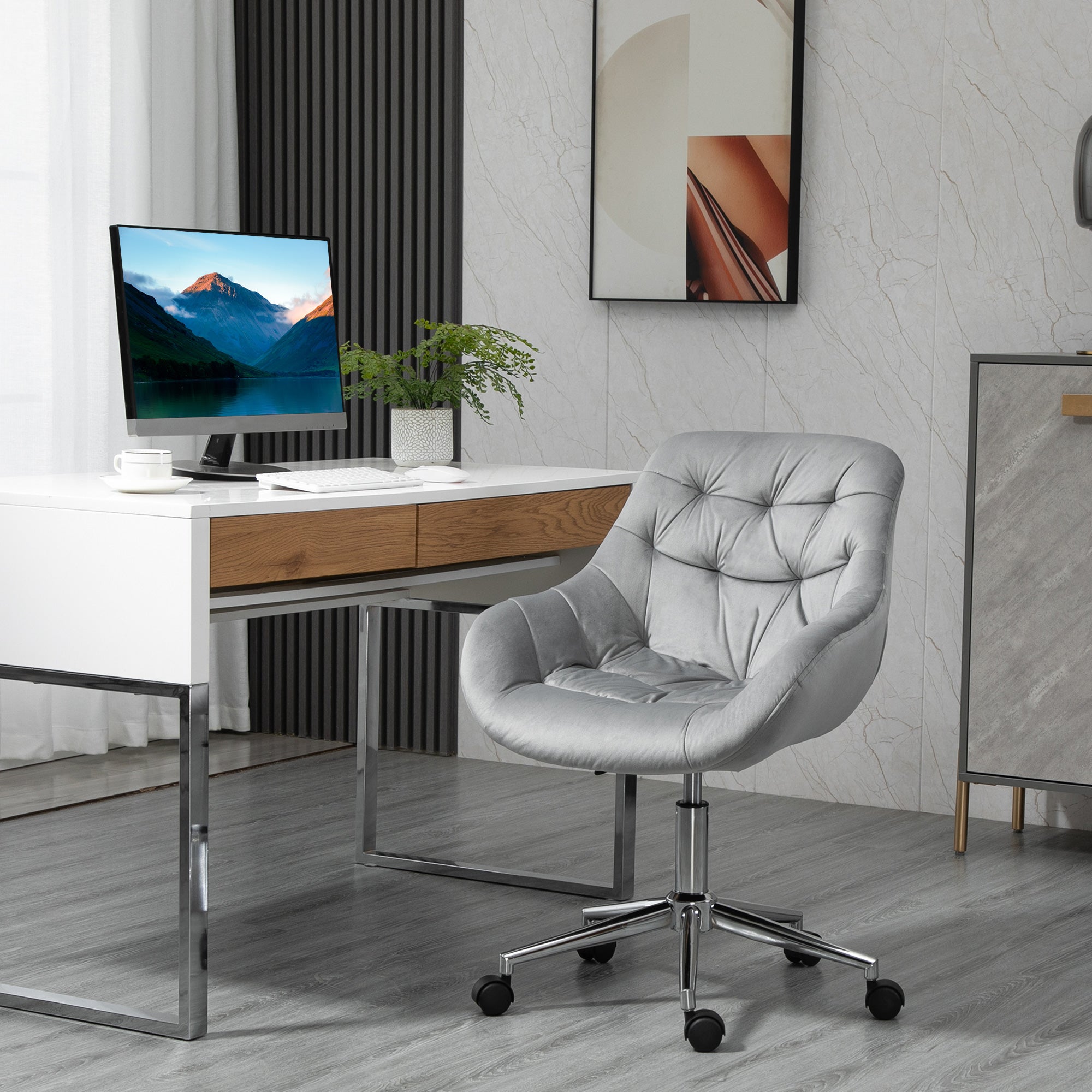 Vicetto swivel ergonomic office chair with adjustable height and wheels, velvet coating - Grey - Borgè