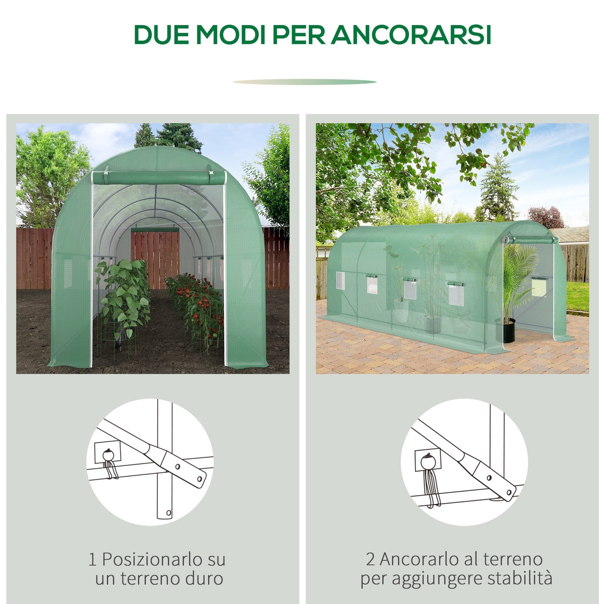 Outsunny green tunnel greenhouse 8 windows and roller shutters 500x200x210cm - Borgè