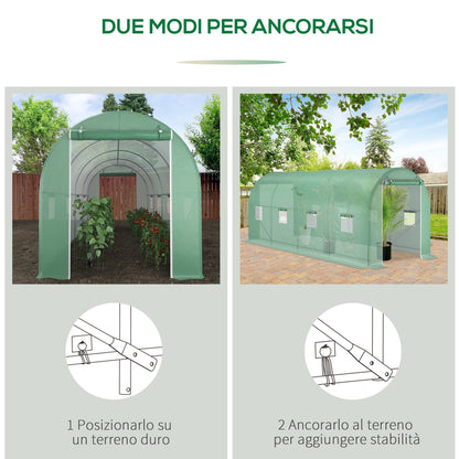 Outsunny green tunnel greenhouse 8 windows and roller shutters 500x200x210cm - Borgè