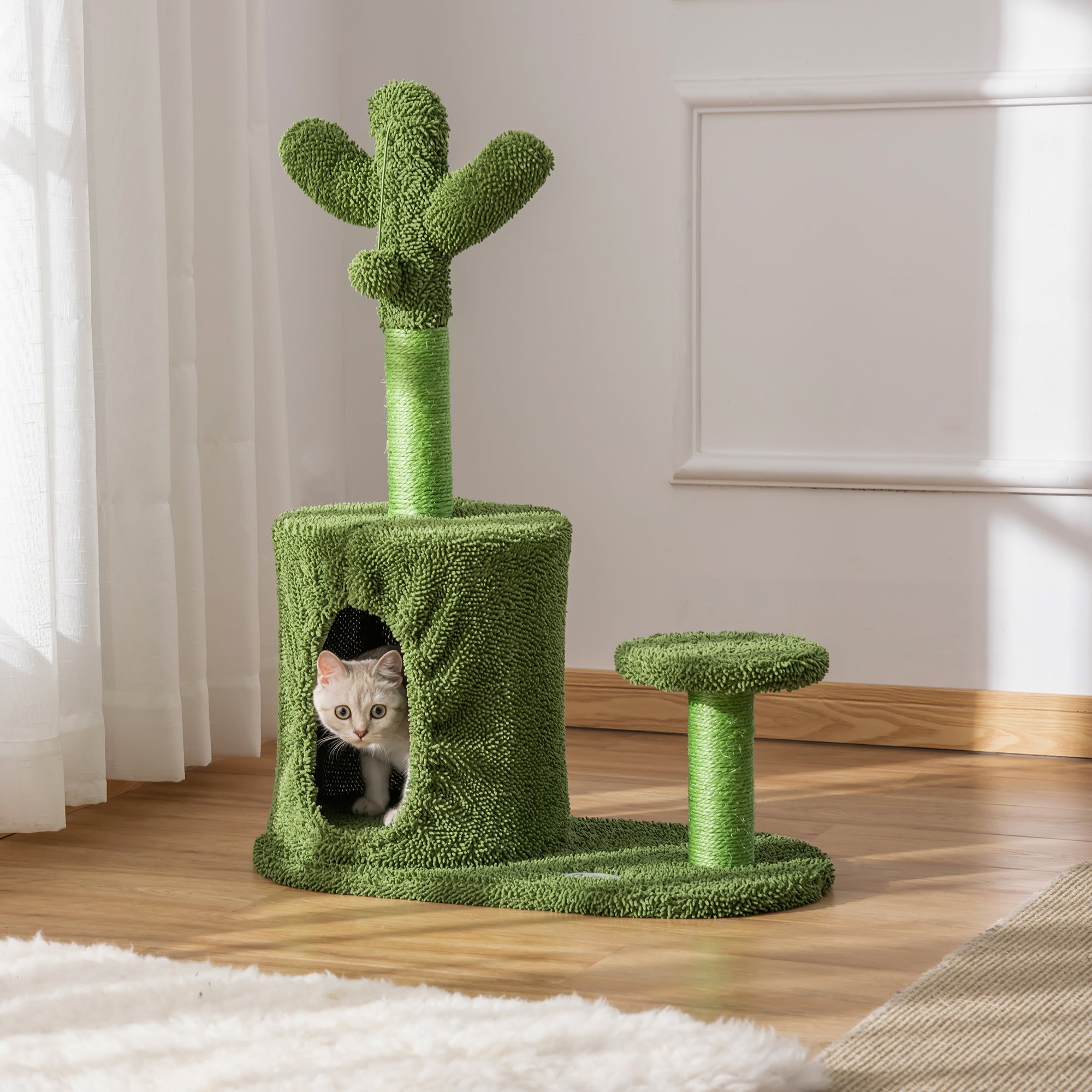 Cat Tree for cats with Scratch Pole up to 4.5kg in the shape of cactus with balls and Bed, 60x35x78cm - green - Borge' Group Limited