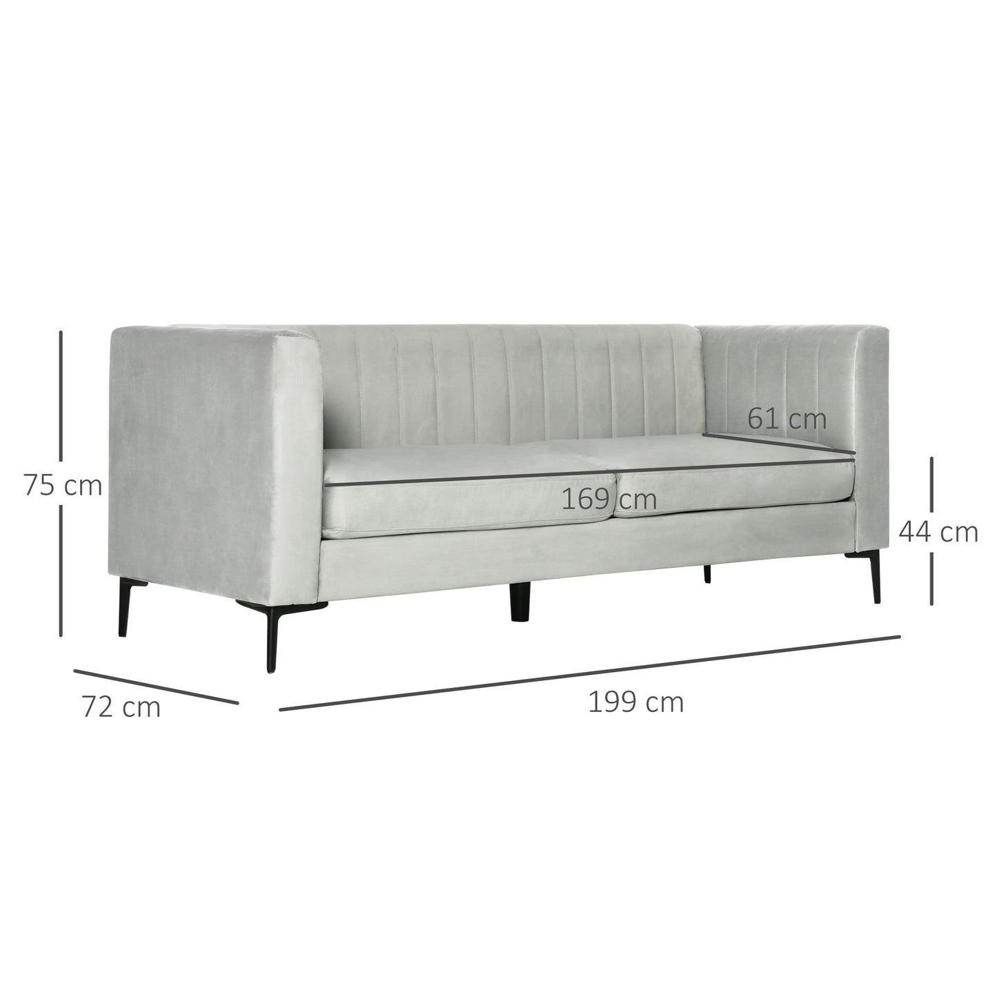 JEWELLA | 3 Seater Grey Velvet Sofa | 199x72x75cm - Borgè