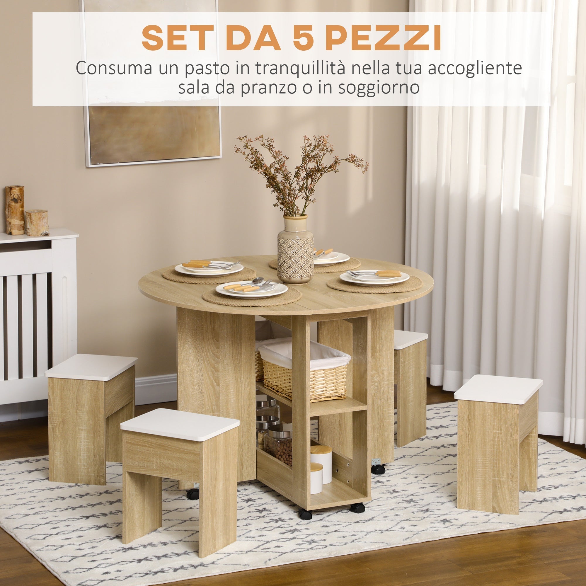 Homcom set table and chairs 5 pieces in chipboard, round table with 2 open shelves and 4 modern stools - Borgè